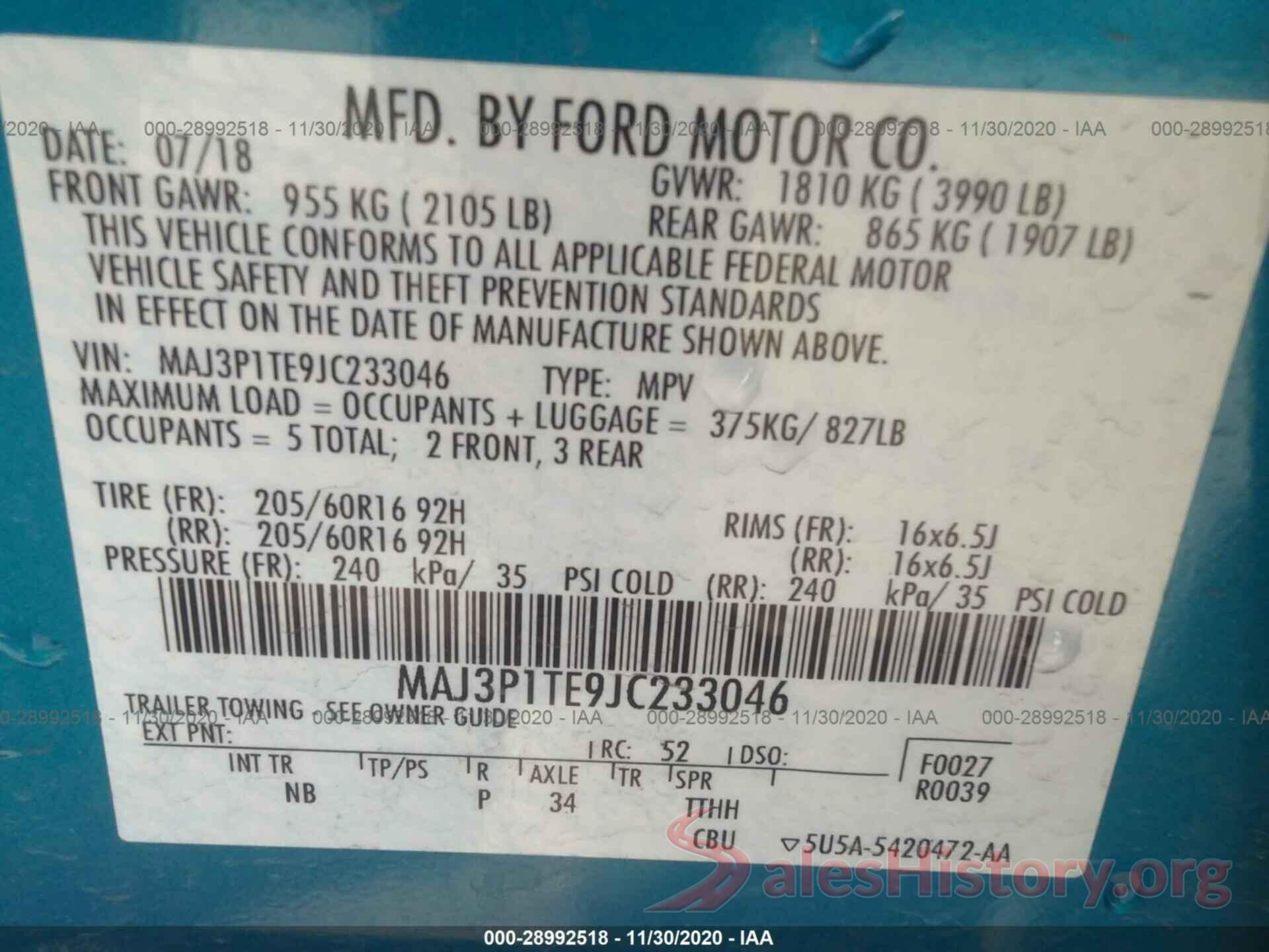 MAJ3P1TE9JC233046 2018 FORD ECOSPORT