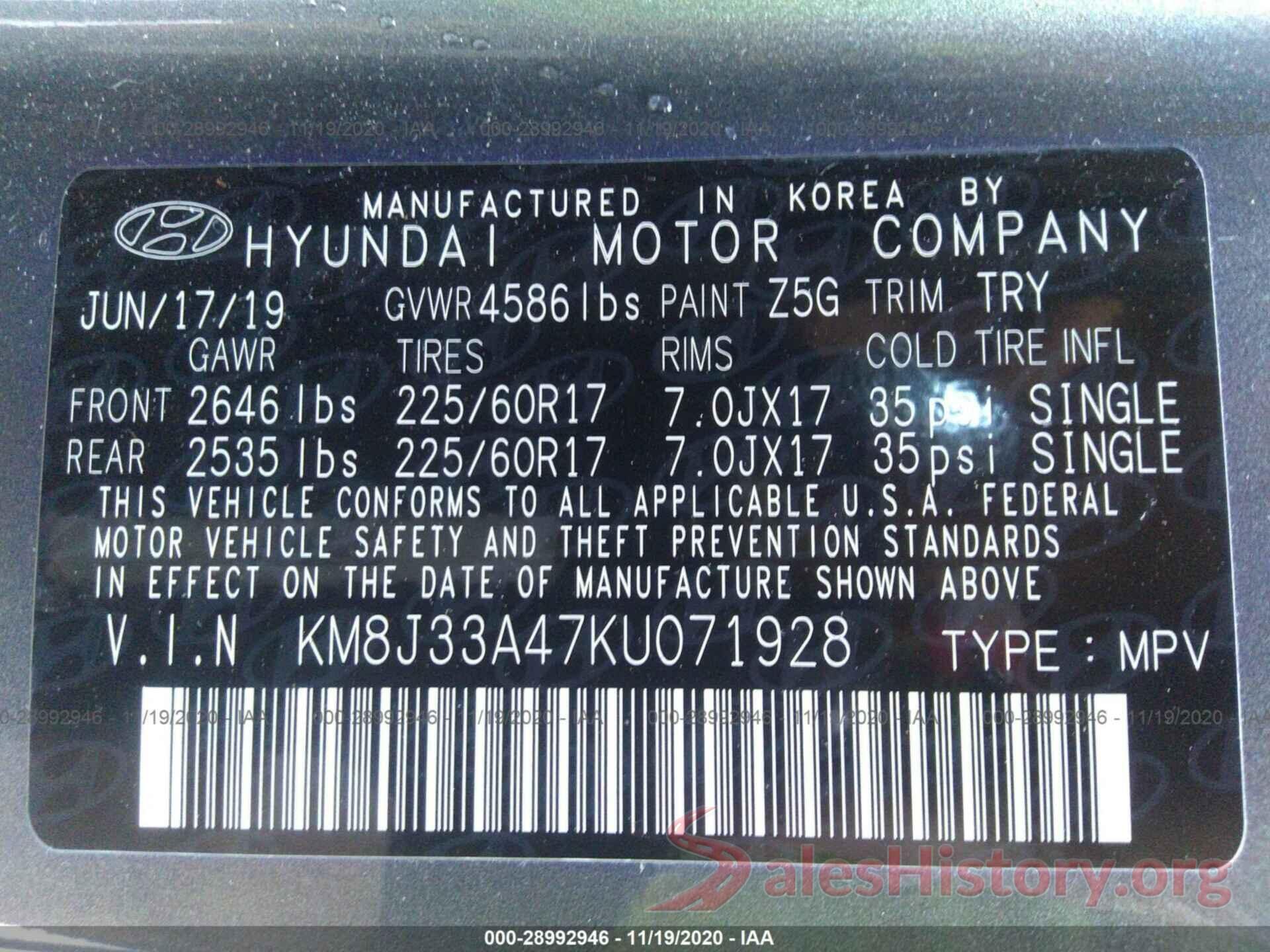 KM8J33A47KU071928 2019 HYUNDAI TUCSON