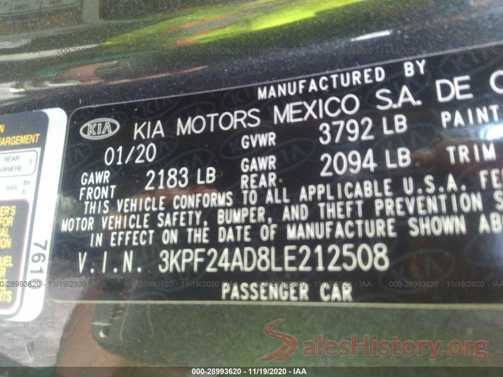 3KPF24AD8LE212508 2020 KIA FORTE