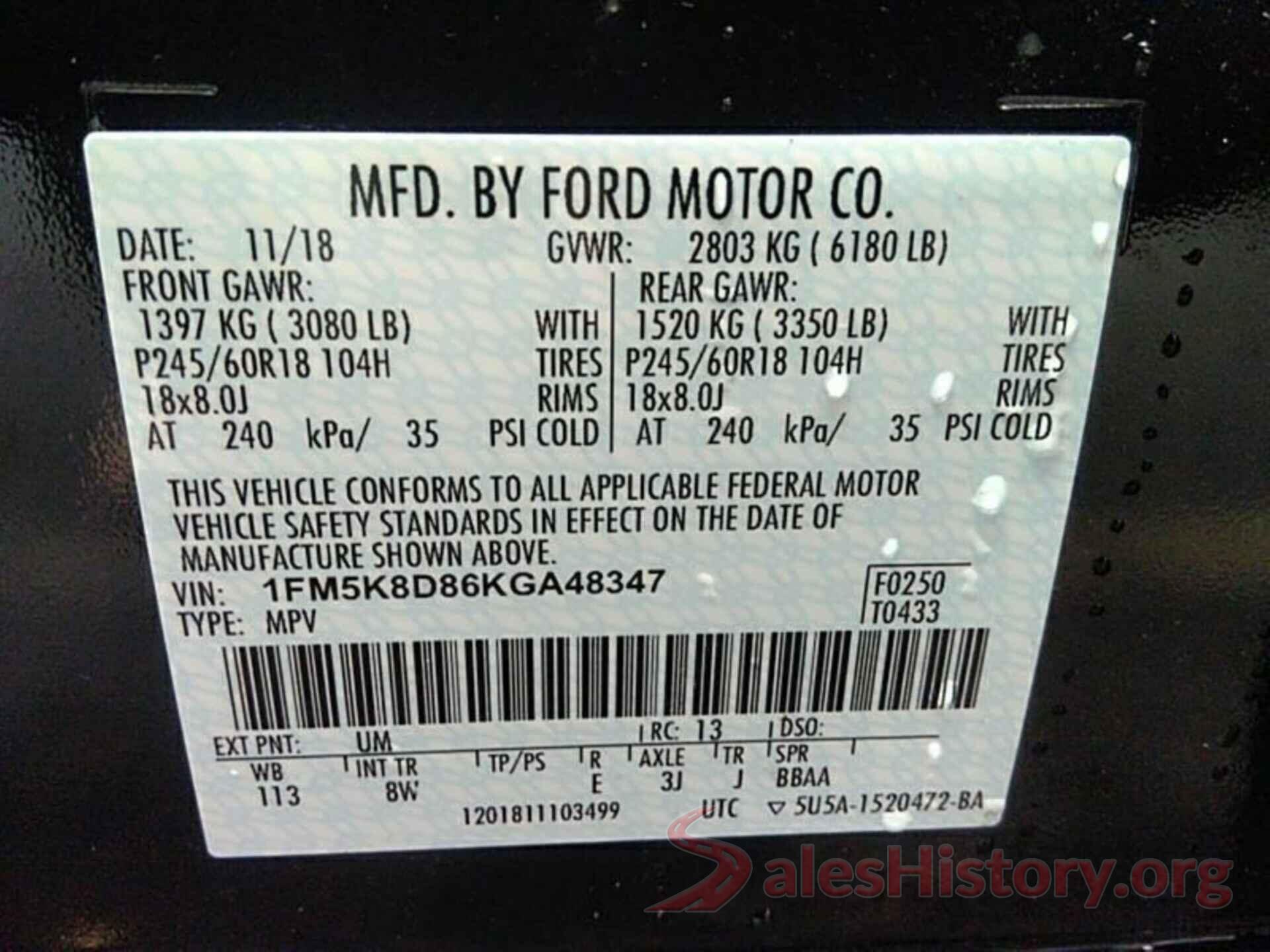 1FM5K8D86KGA48347 2019 FORD EXPLORER