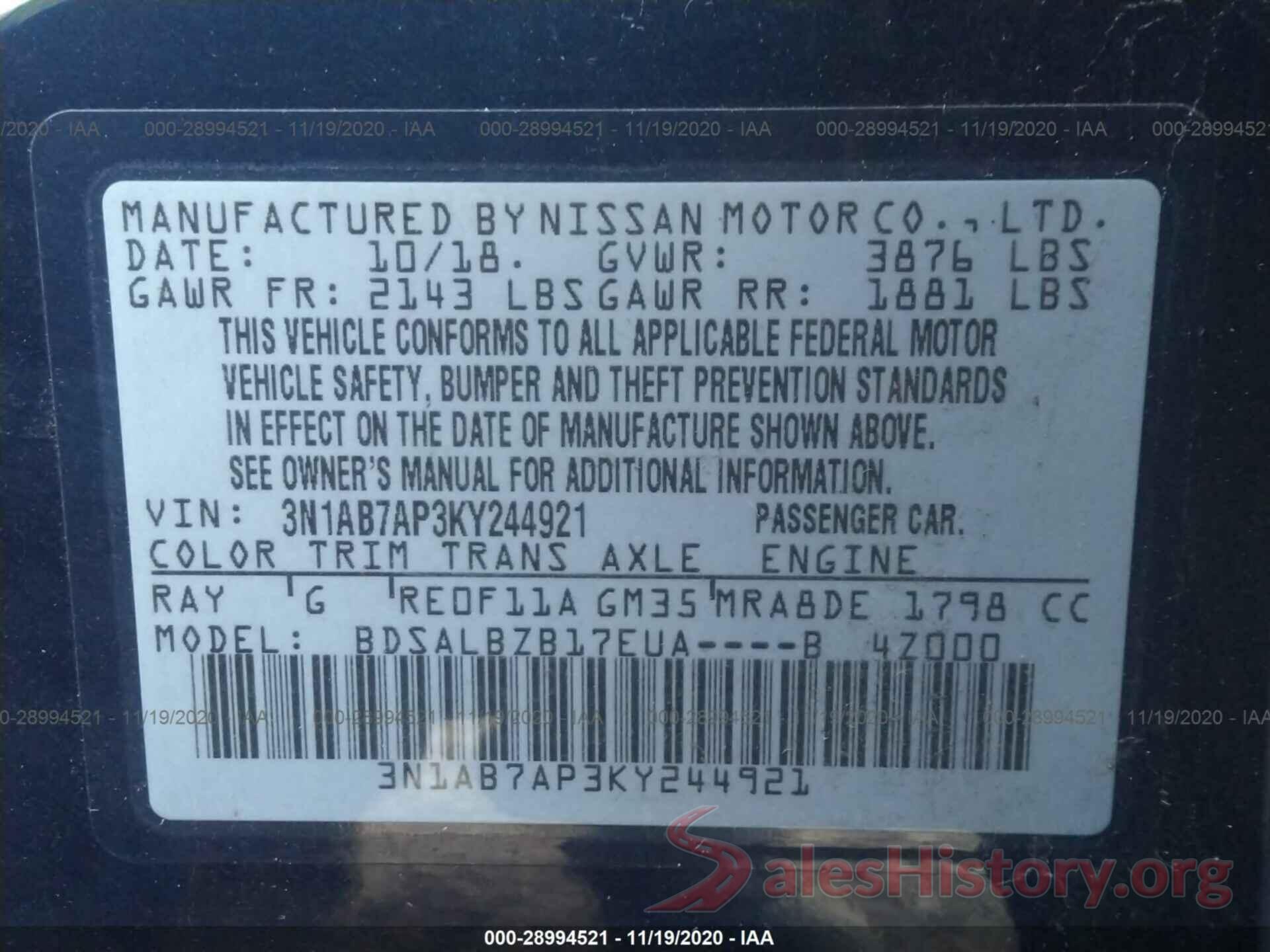 3N1AB7AP3KY244921 2019 NISSAN SENTRA