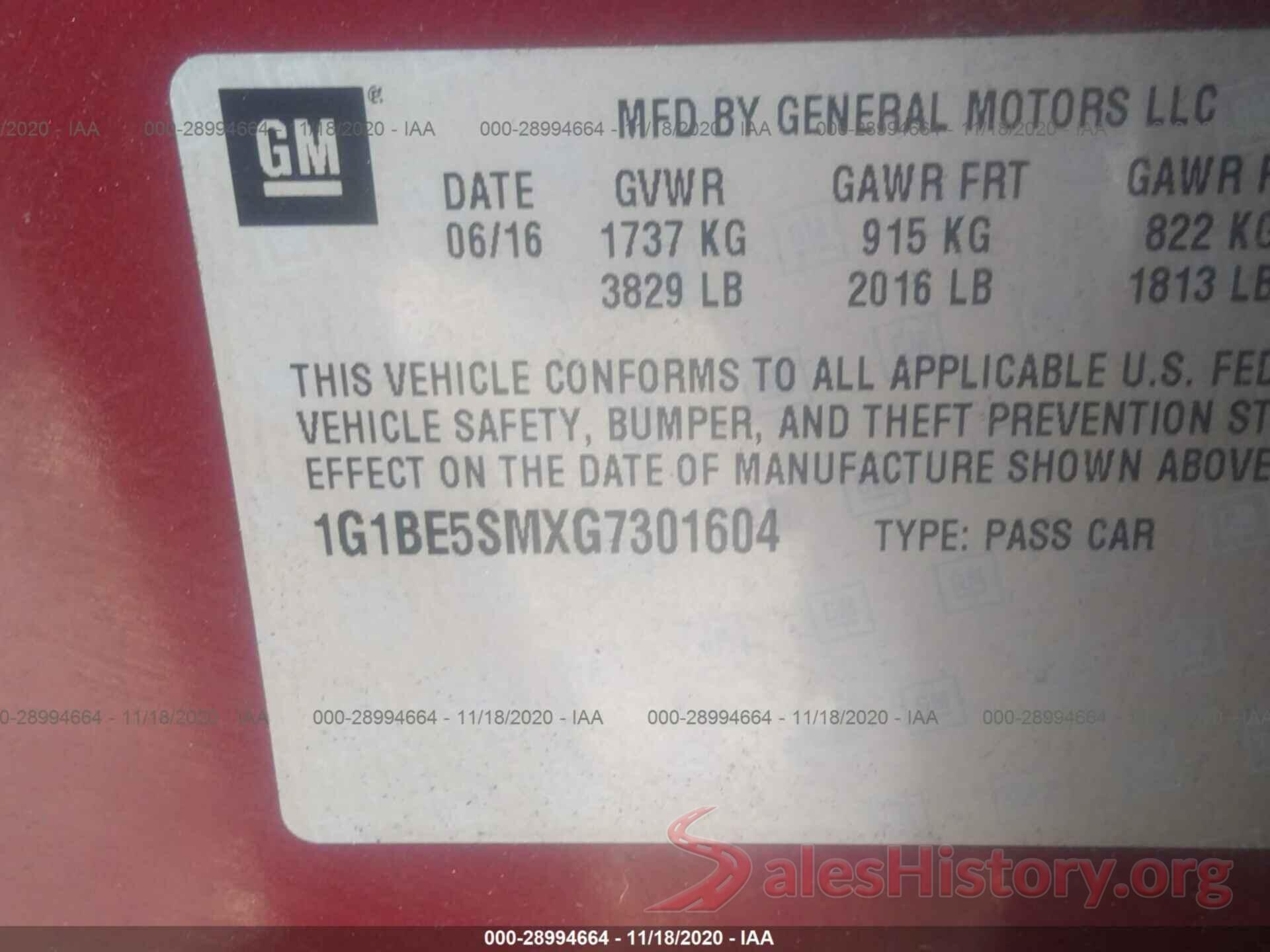 1G1BE5SMXG7301604 2016 CHEVROLET CRUZE