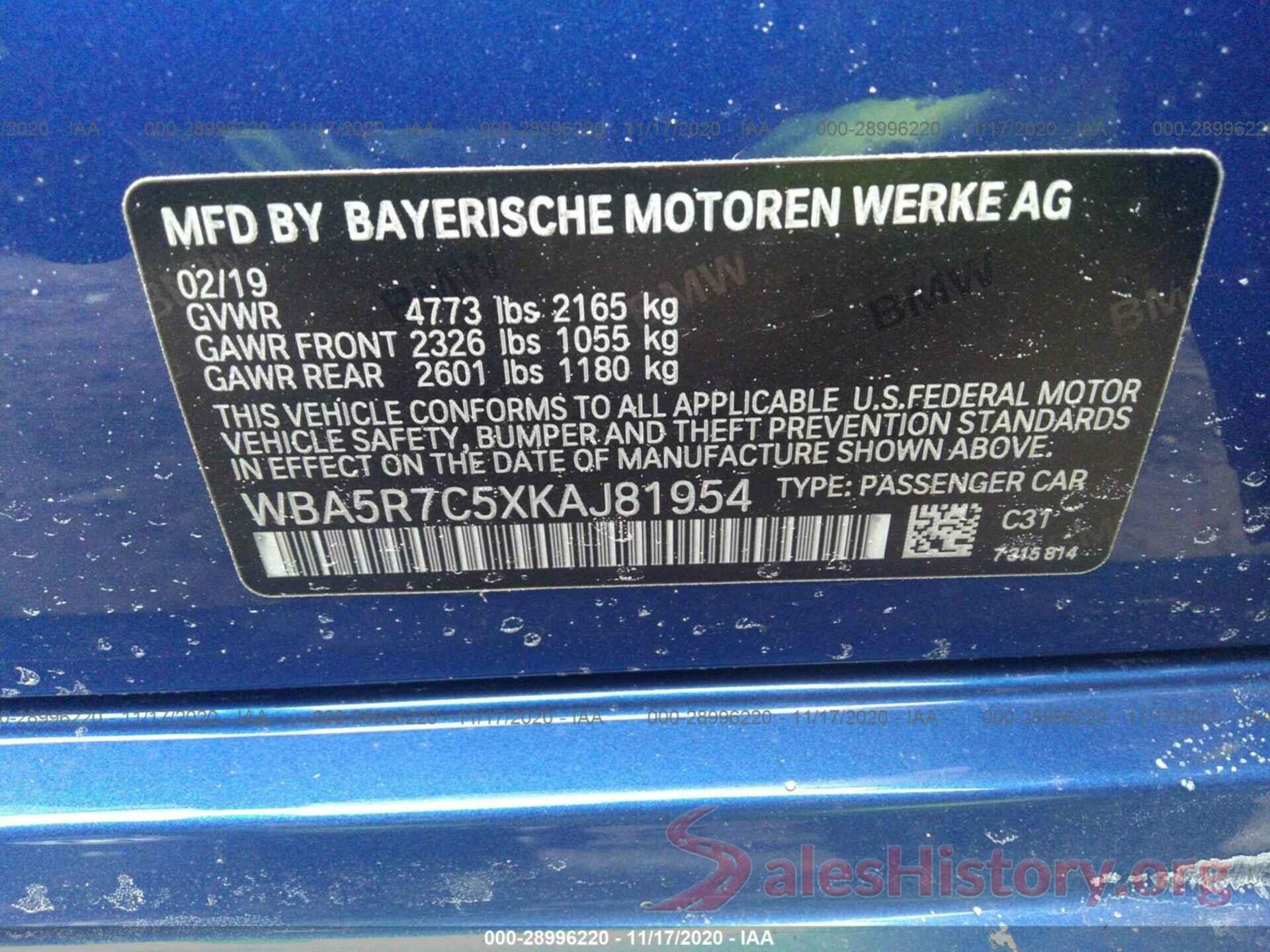 WBA5R7C5XKAJ81954 2019 BMW 3 SERIES