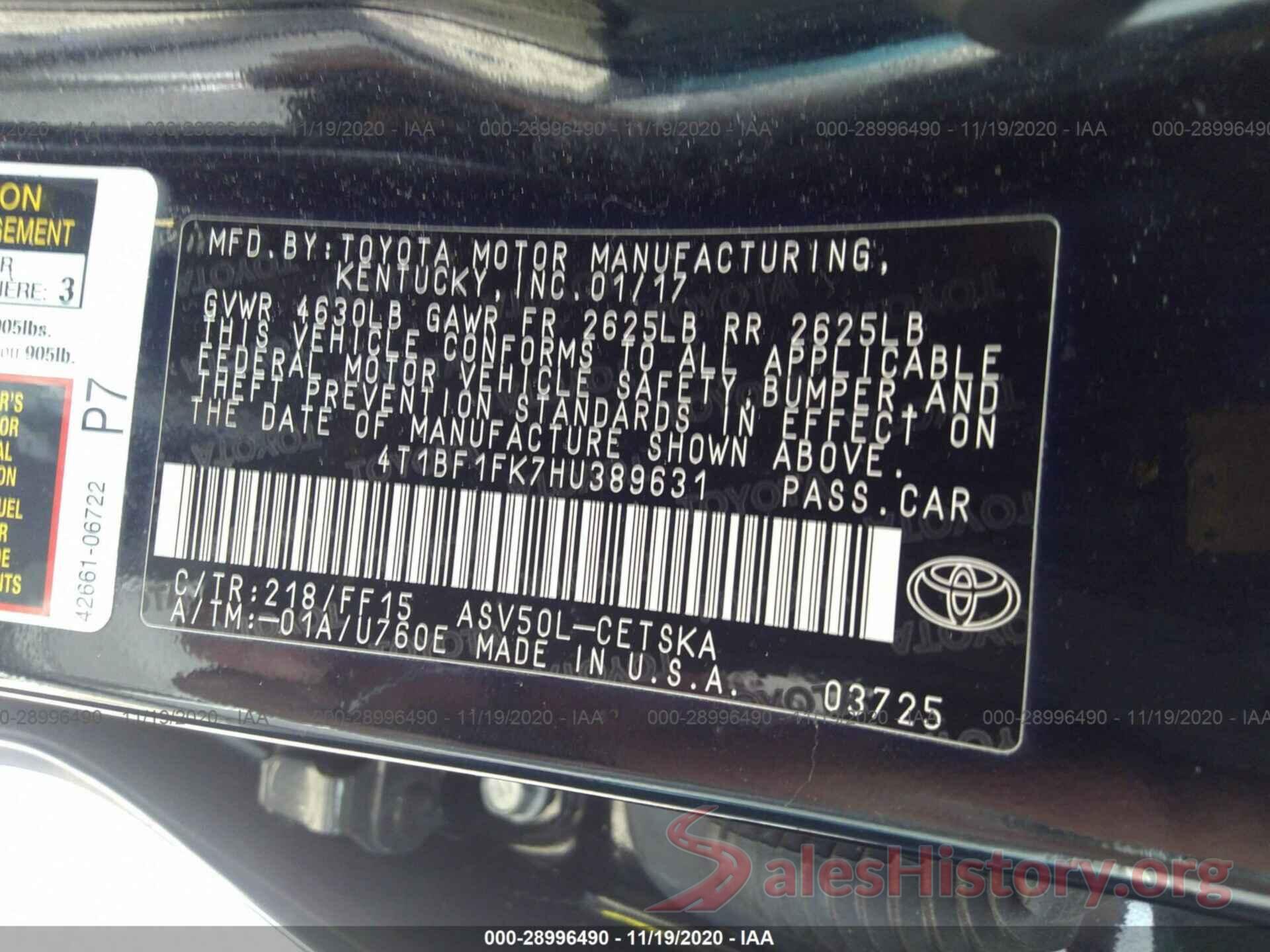 4T1BF1FK7HU389631 2017 TOYOTA CAMRY