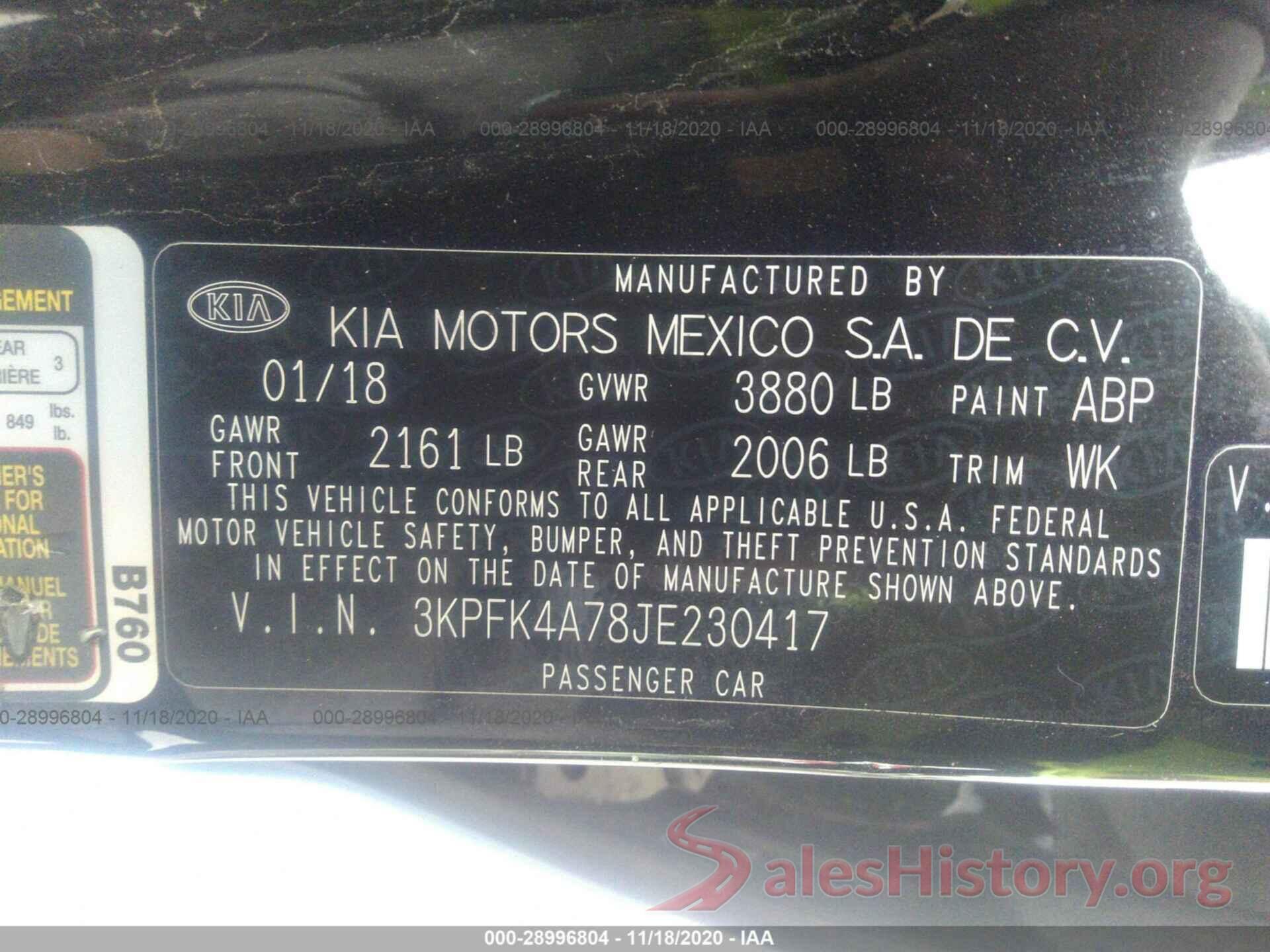 3KPFK4A78JE230417 2018 KIA FORTE