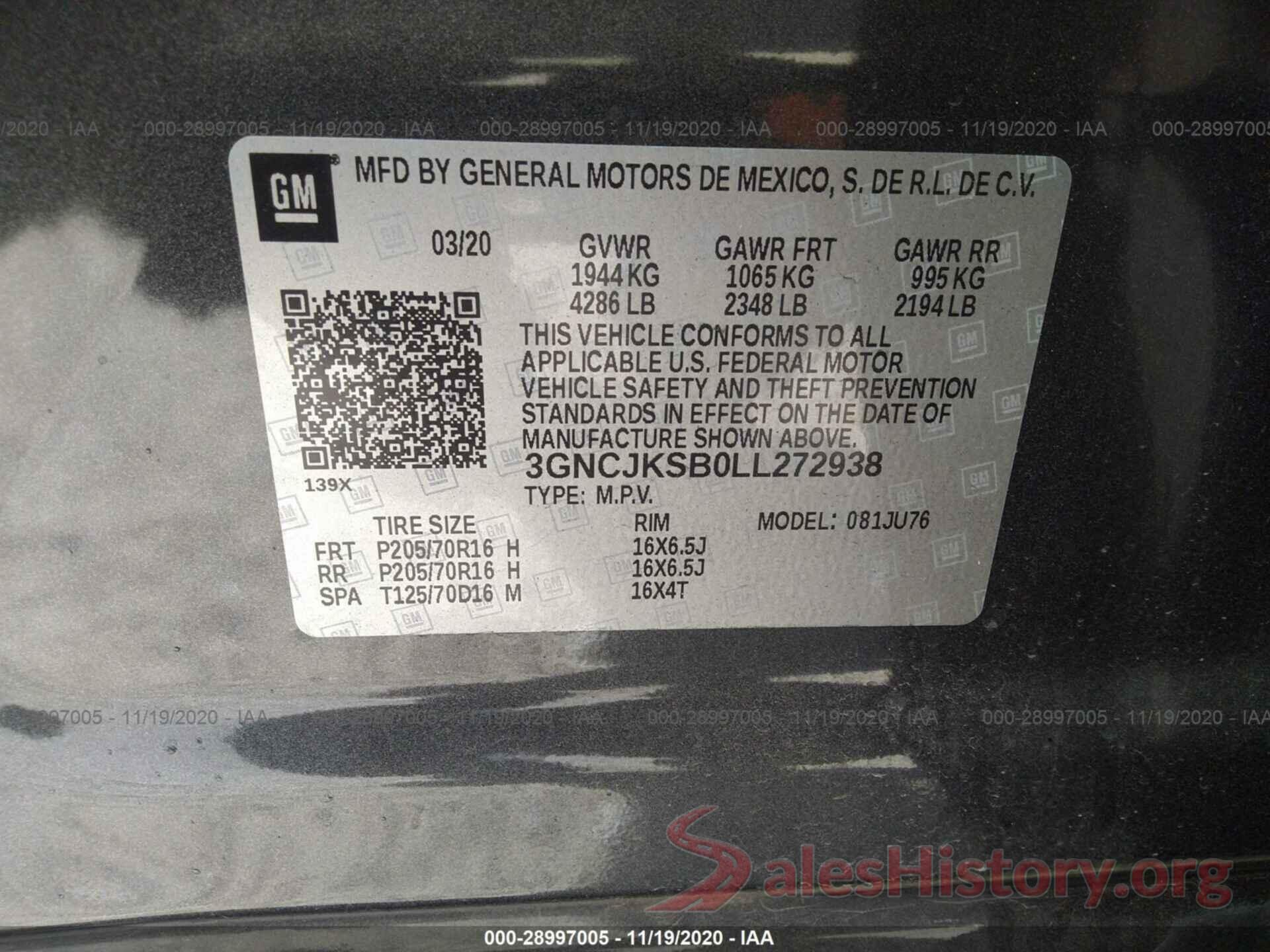 3GNCJKSB0LL272938 2020 CHEVROLET TRAX