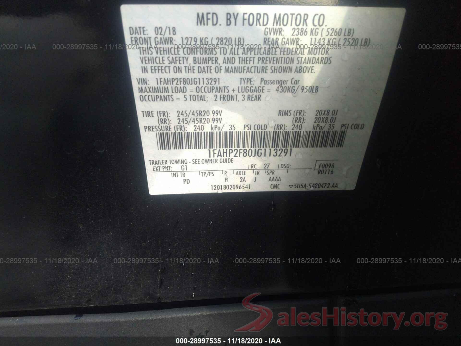 1FAHP2F80JG113291 2018 FORD TAURUS