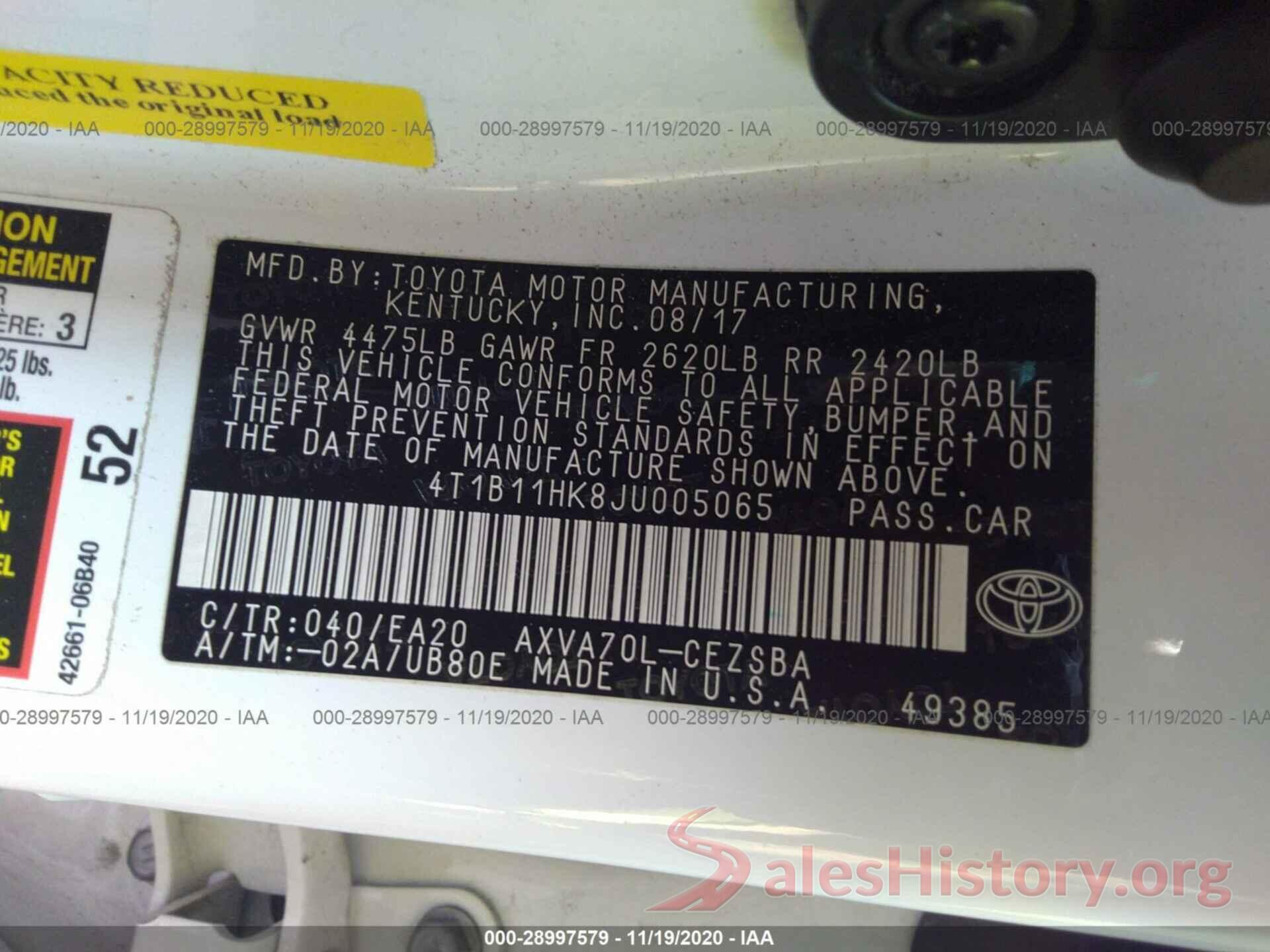 4T1B11HK8JU005065 2018 TOYOTA CAMRY