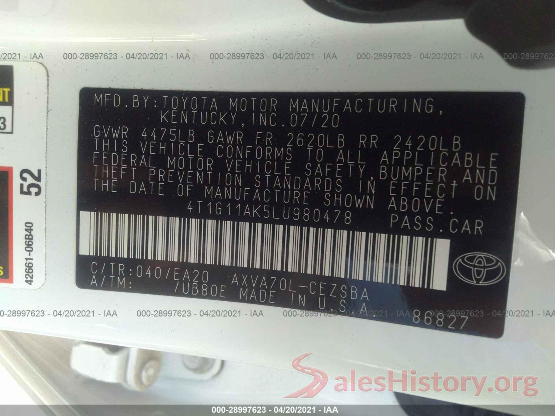 4T1G11AK5LU980478 2020 TOYOTA CAMRY