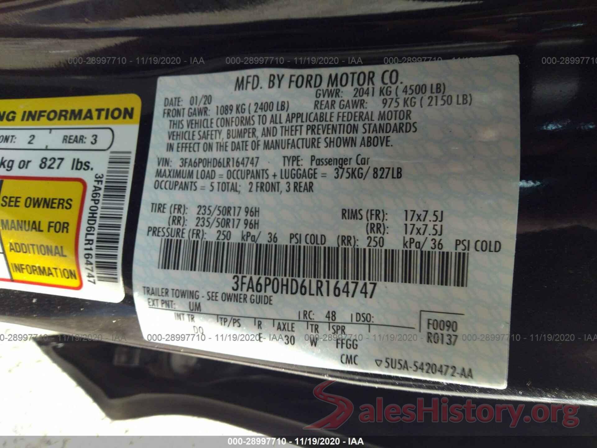 3FA6P0HD6LR164747 2020 FORD FUSION