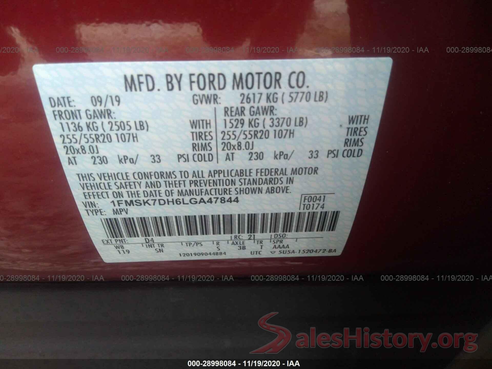 1FMSK7DH6LGA47844 2020 FORD EXPLORER