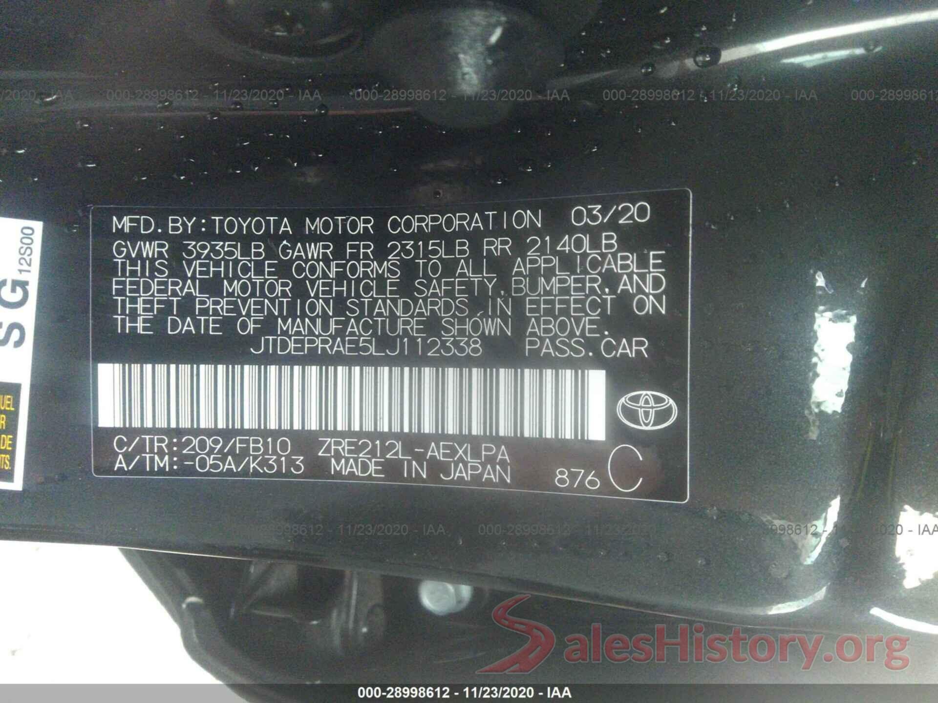 JTDEPRAE5LJ112338 2020 TOYOTA COROLLA