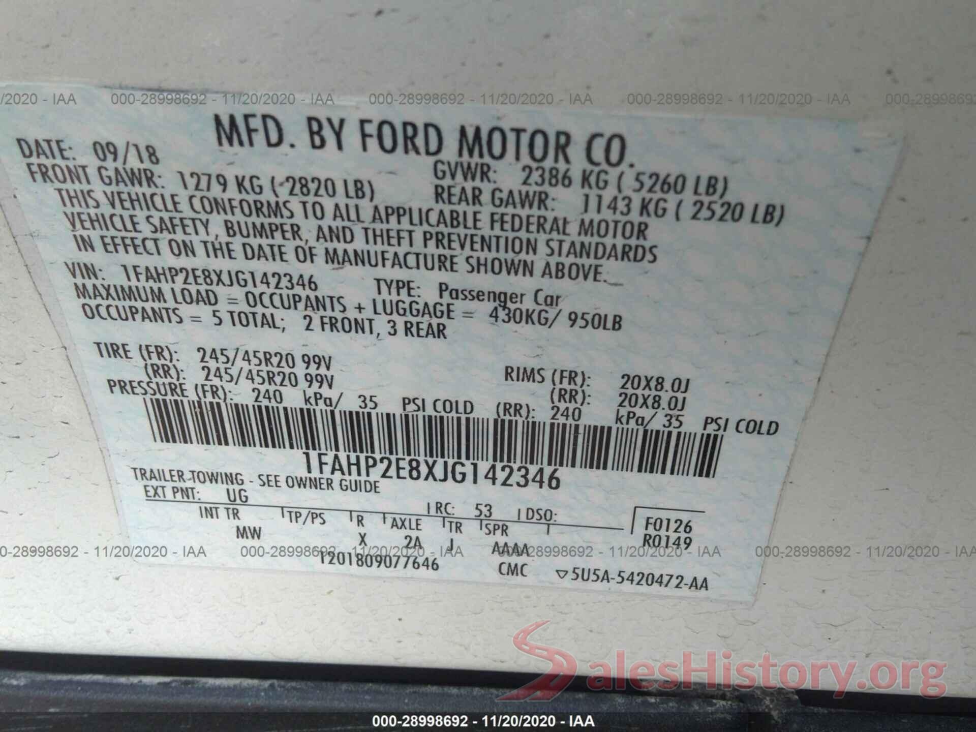 1FAHP2E8XJG142346 2018 FORD TAURUS