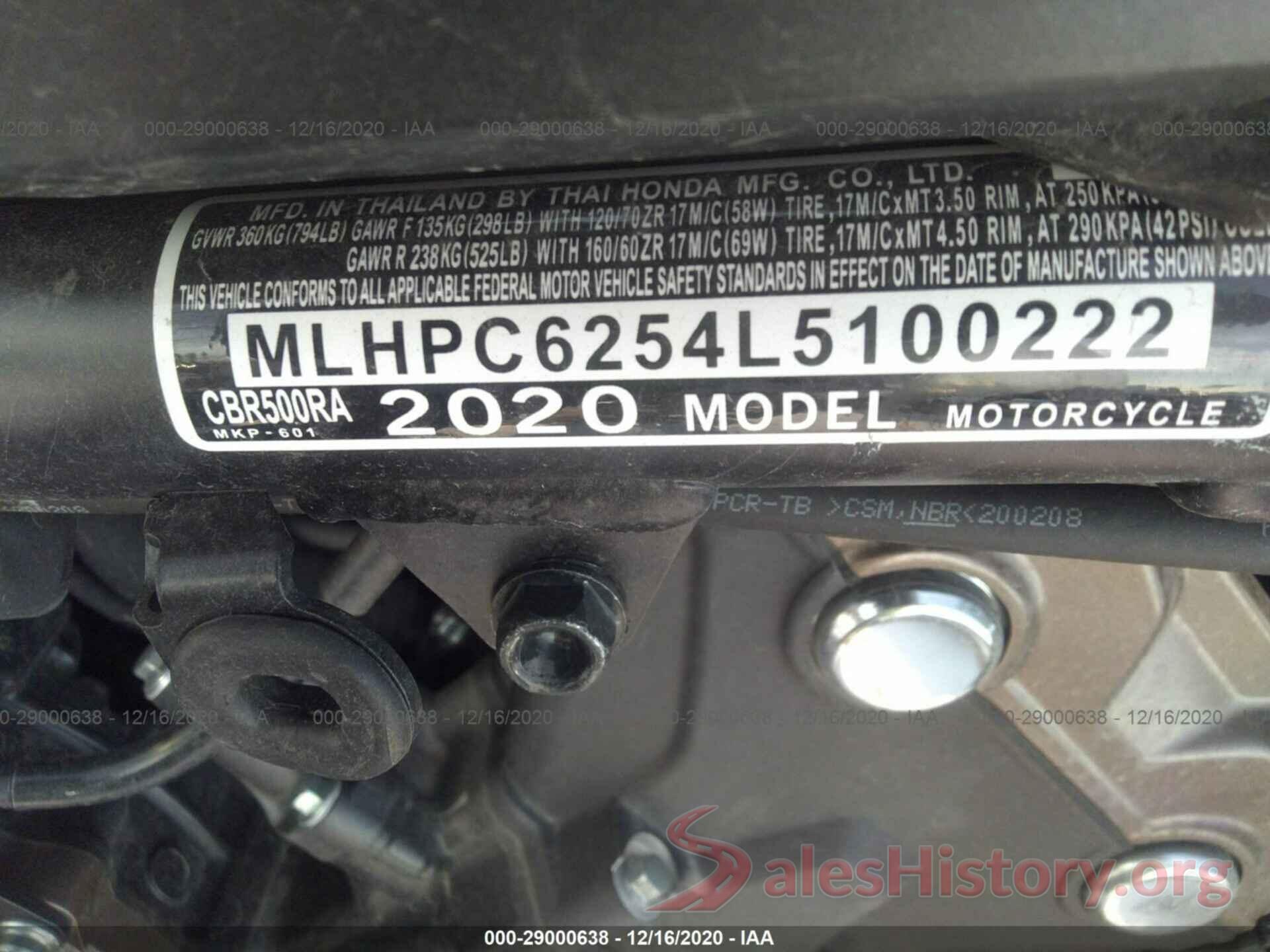 MLHPC6254L5100222 2020 HONDA CBR500