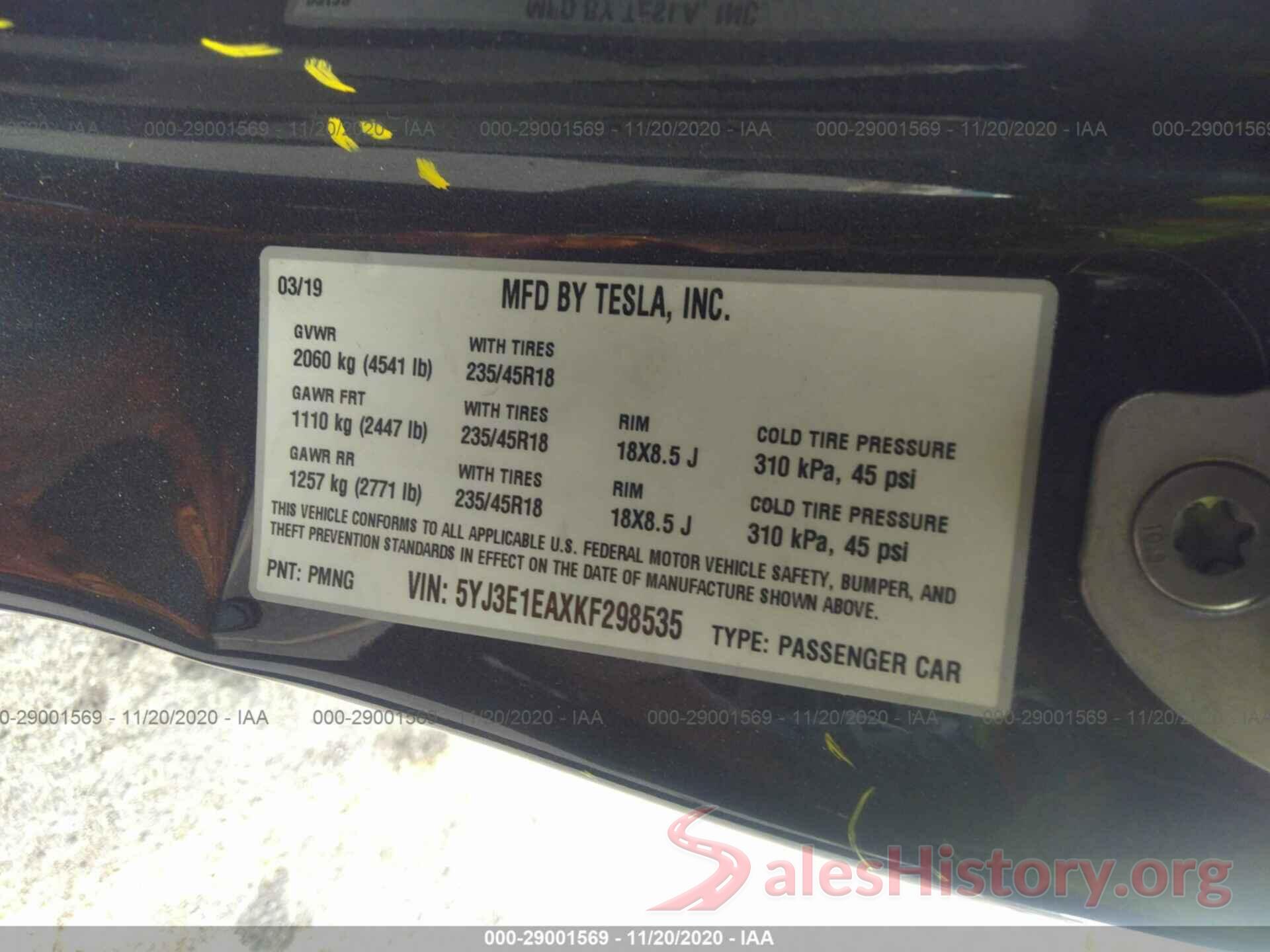 5YJ3E1EAXKF298535 2019 TESLA MODEL 3