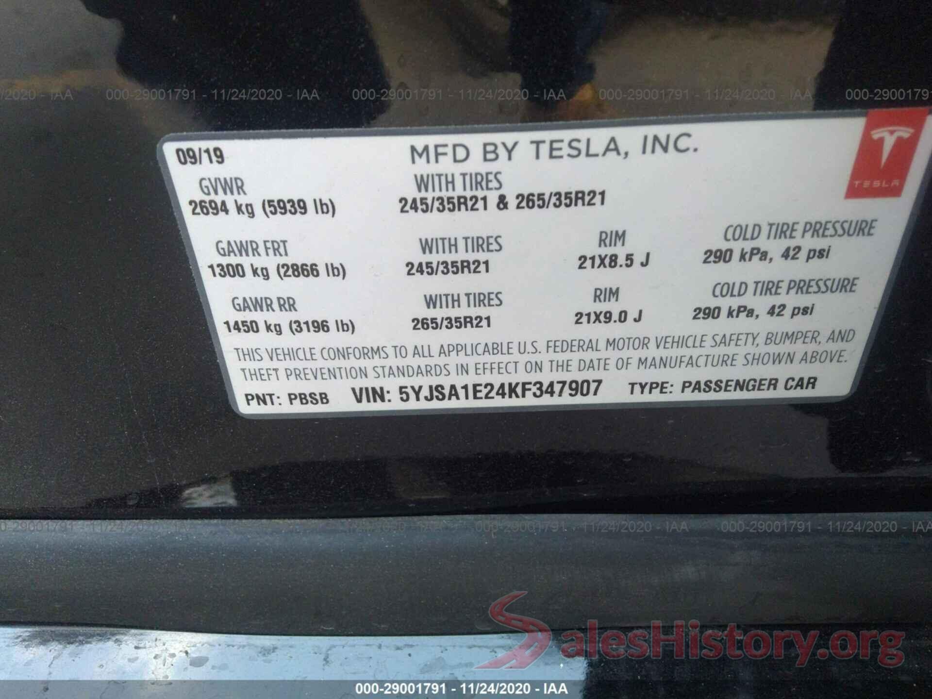 5YJSA1E24KF347907 2019 TESLA MODEL S