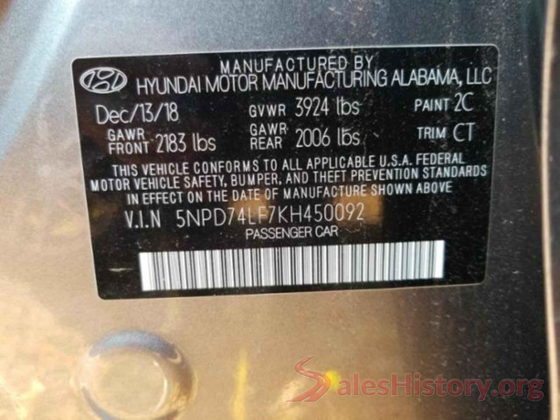 5NPD74LF7KH450092 2019 HYUNDAI ELANTRA