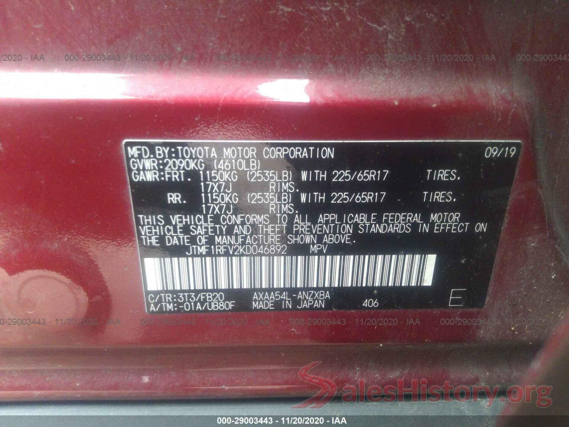 JTMF1RFV2KD046892 2019 TOYOTA RAV4