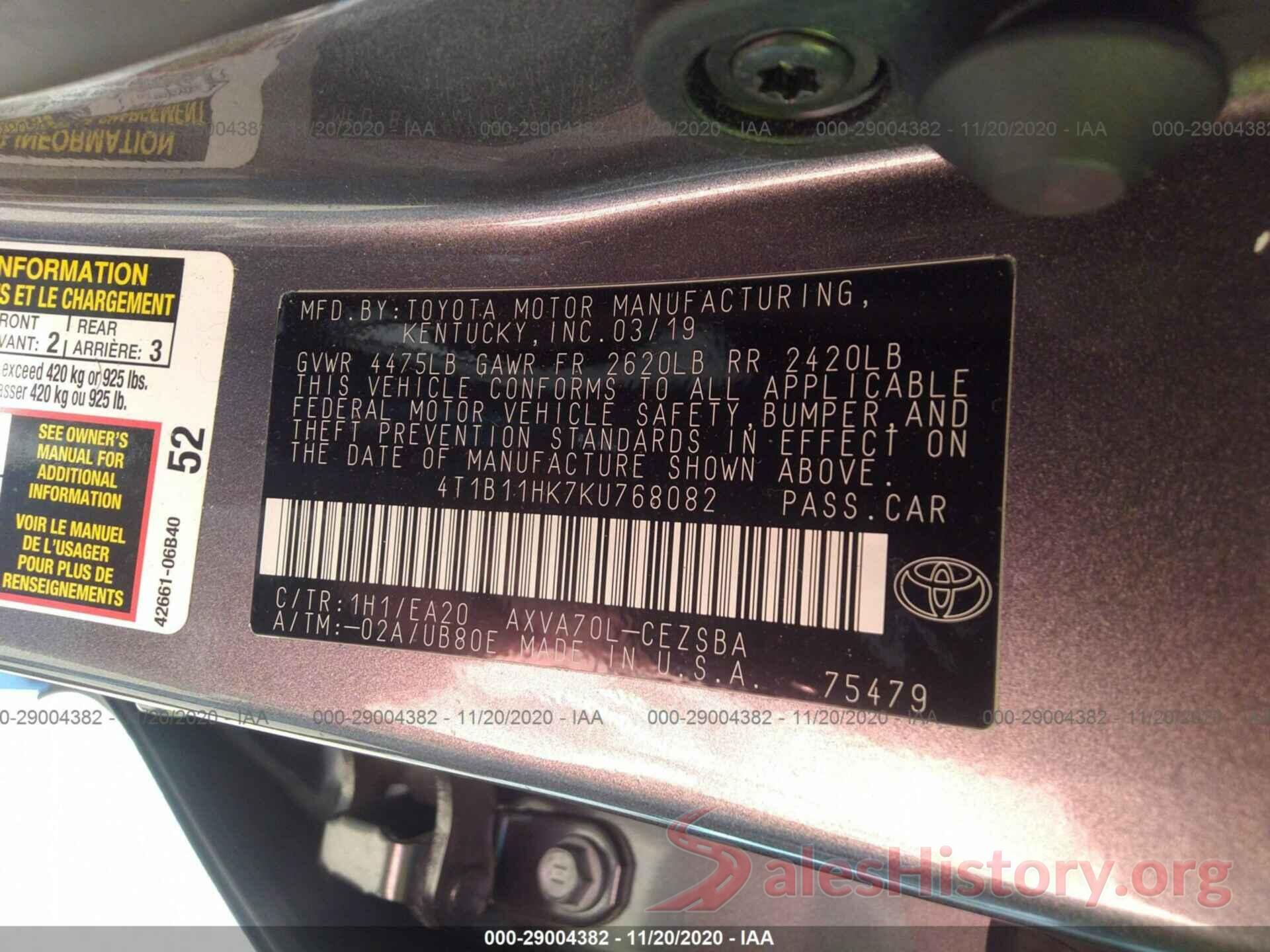 4T1B11HK7KU768082 2019 TOYOTA CAMRY