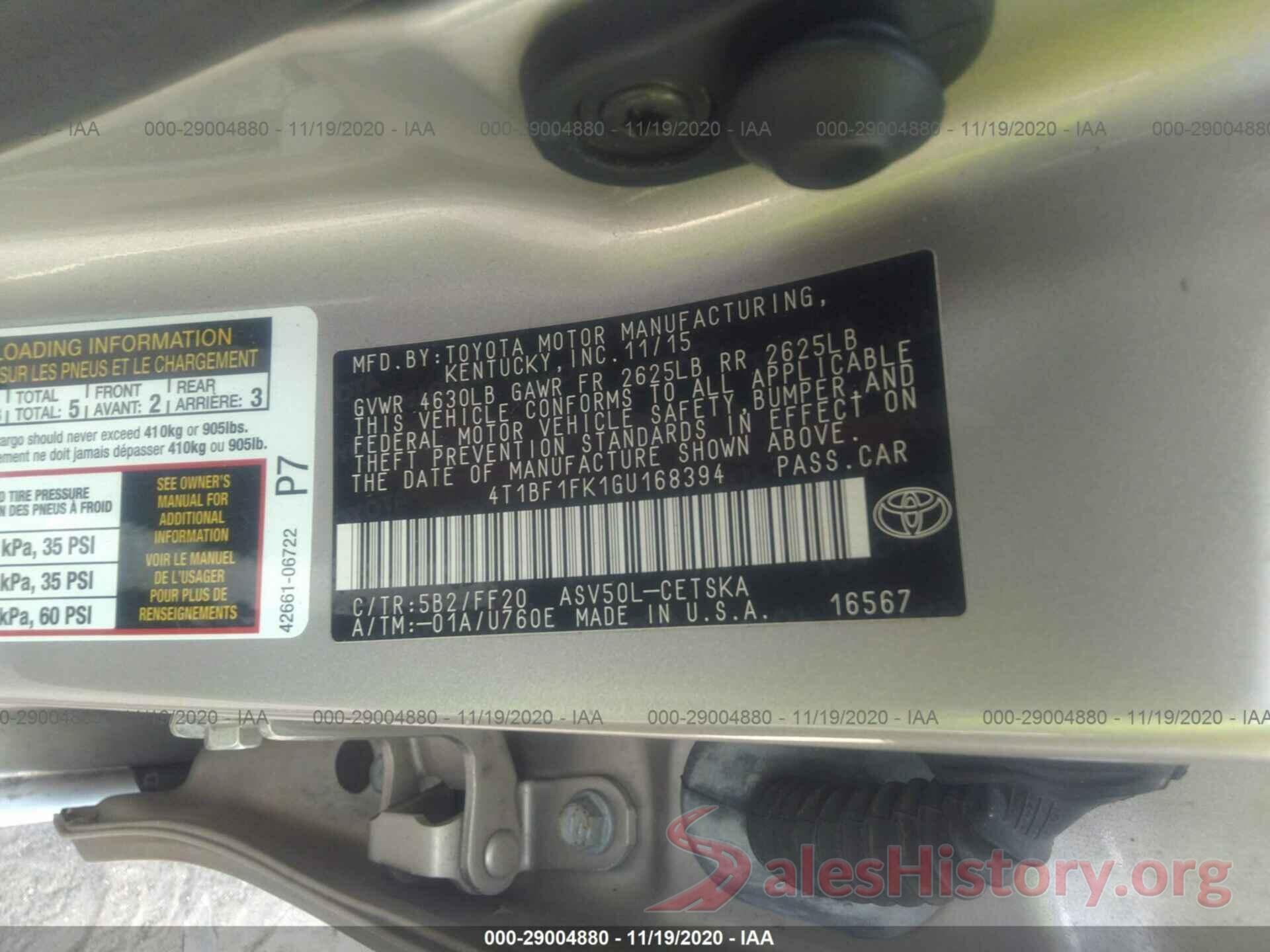 4T1BF1FK1GU168394 2016 TOYOTA CAMRY