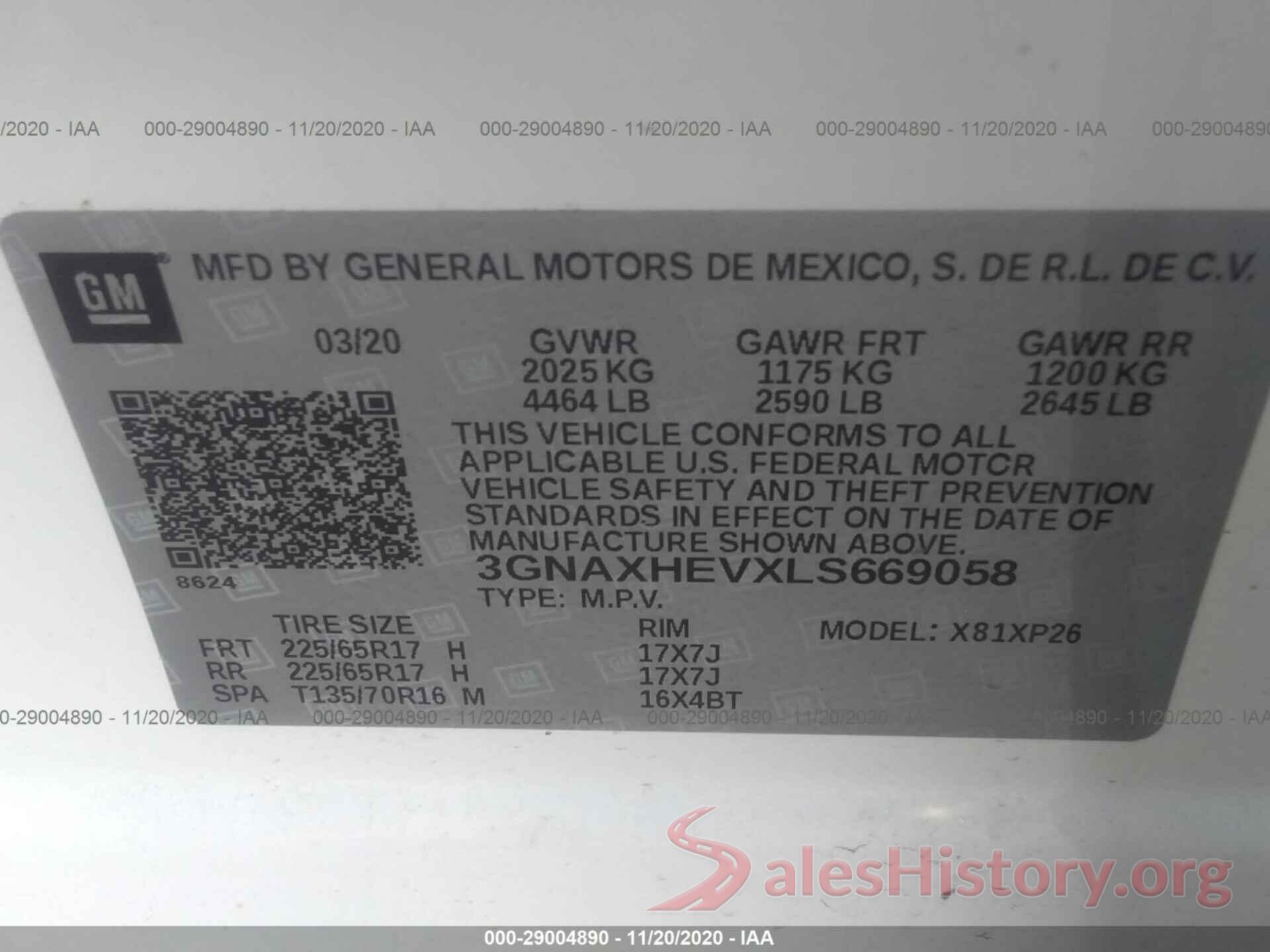 3GNAXHEVXLS669058 2020 CHEVROLET EQUINOX