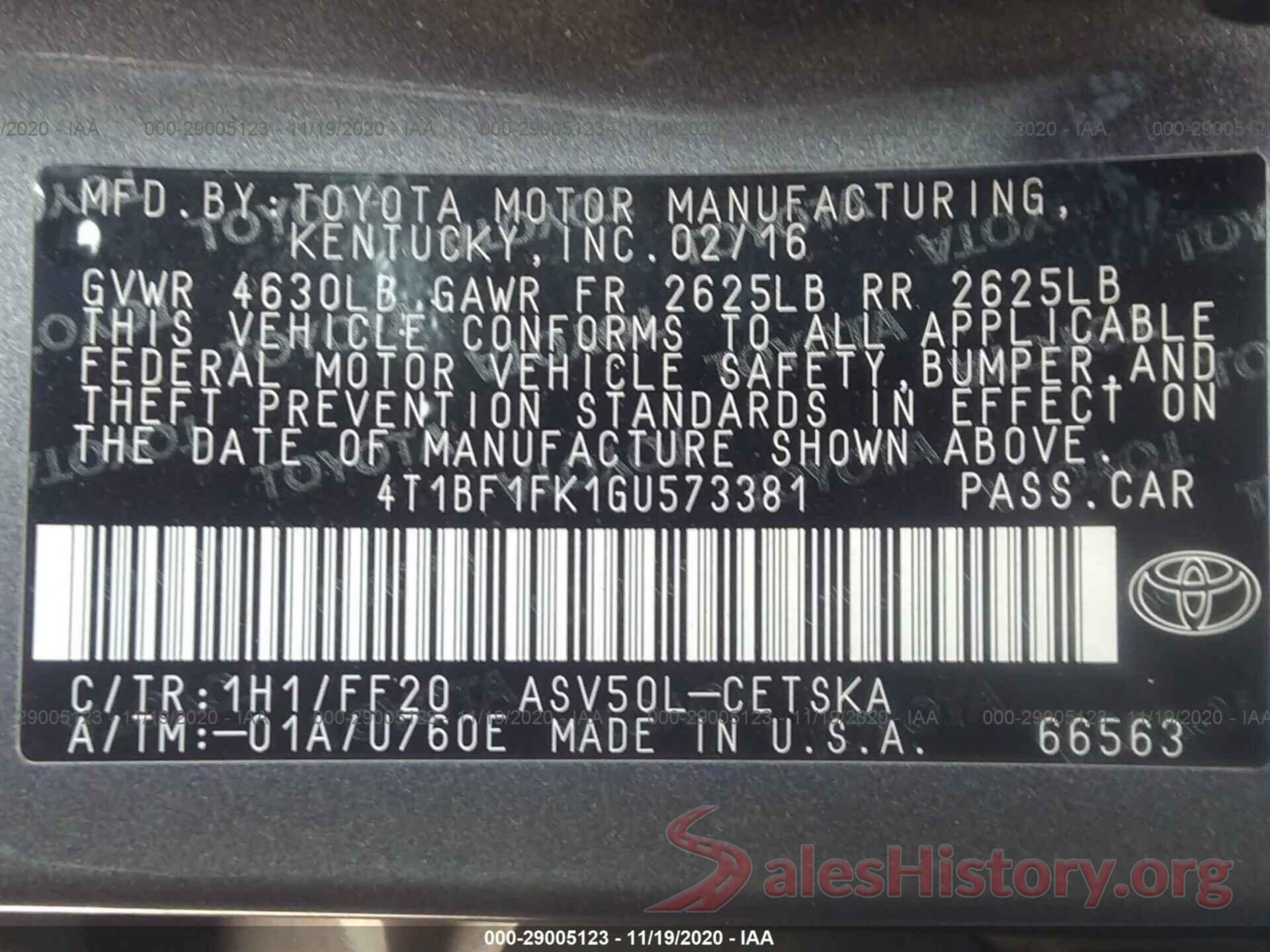 4T1BF1FK1GU573381 2016 TOYOTA CAMRY