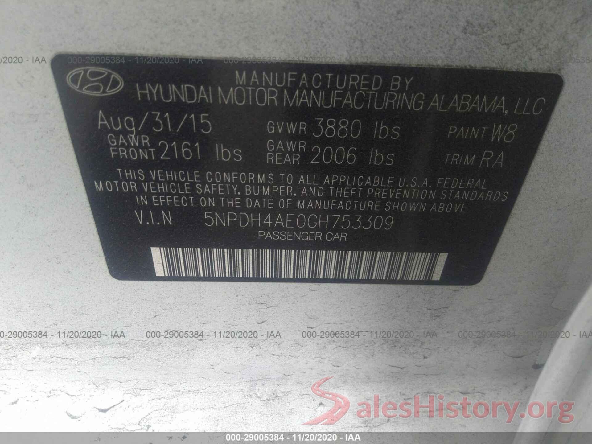 5NPDH4AE0GH753309 2016 HYUNDAI ELANTRA