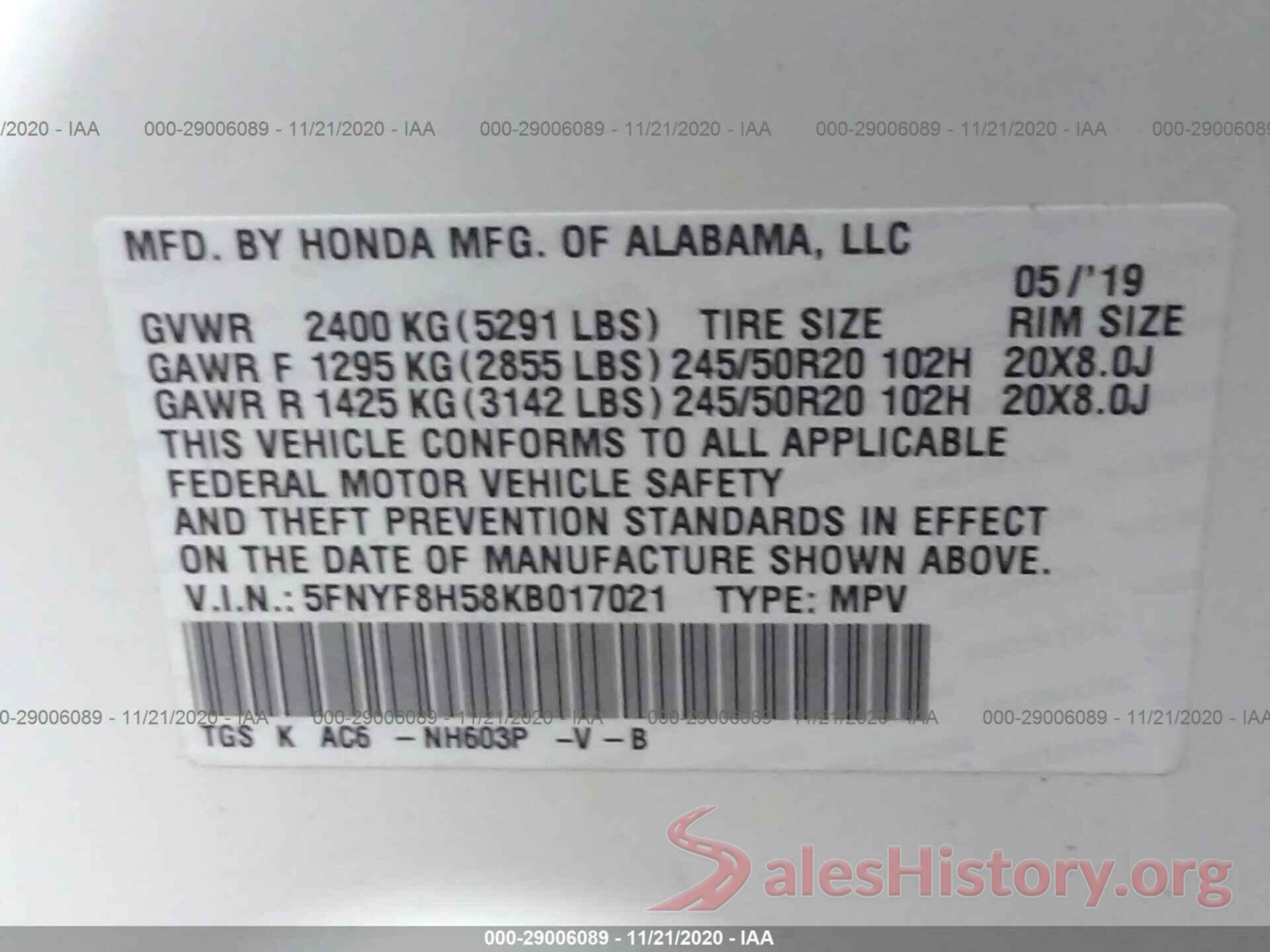 5FNYF8H58KB017021 2019 HONDA PASSPORT