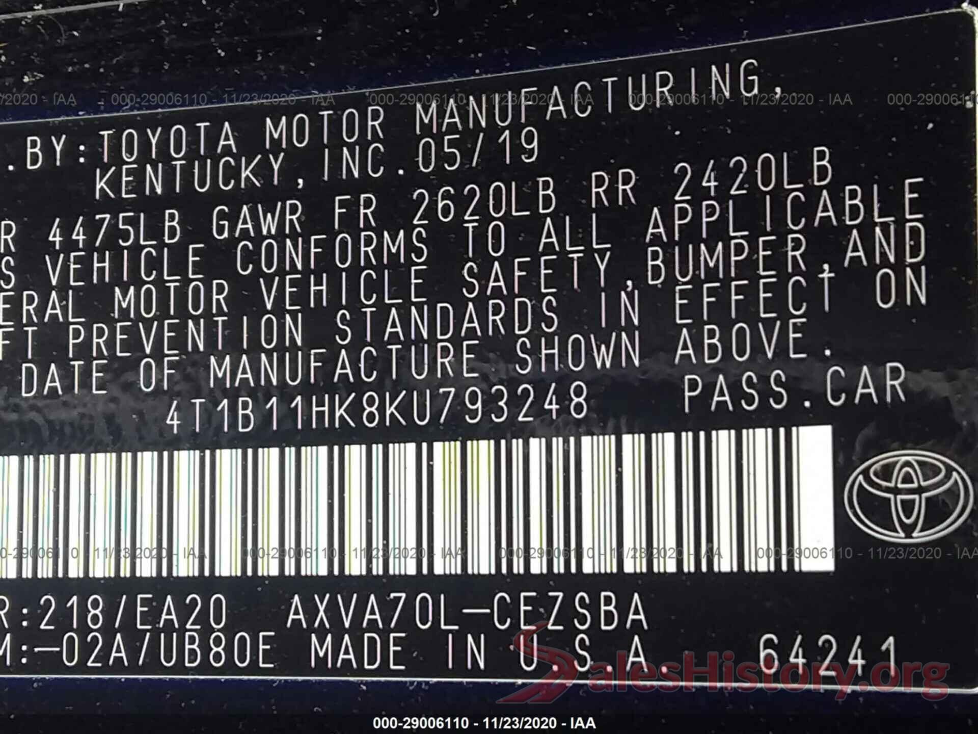 4T1B11HK8KU793248 2019 TOYOTA CAMRY