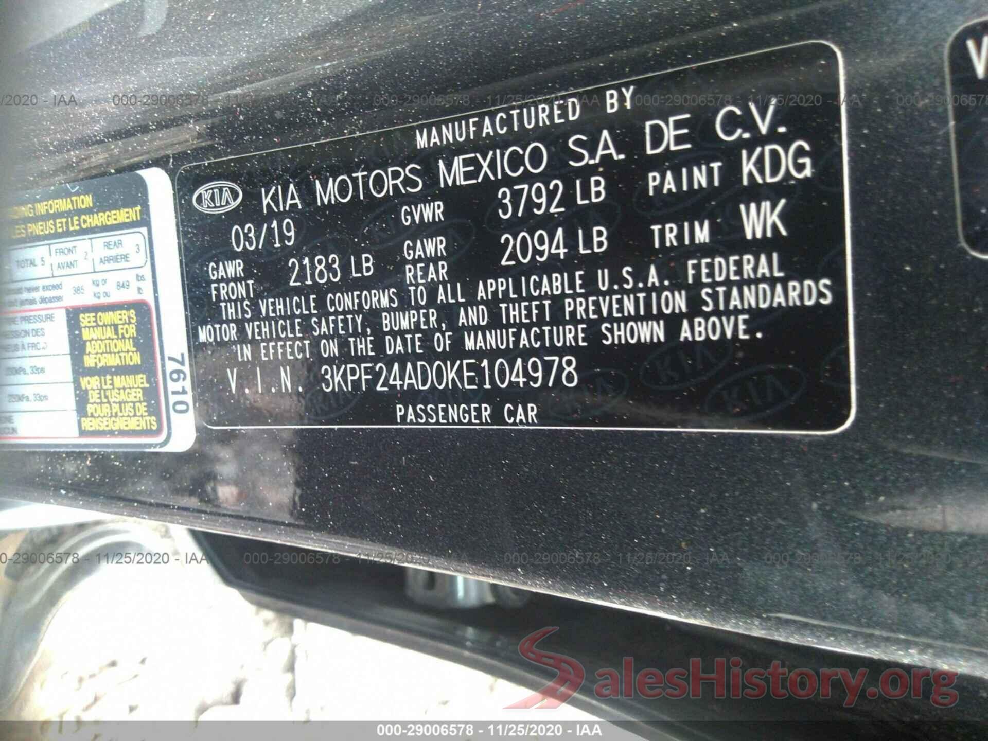 3KPF24AD0KE104978 2019 KIA FORTE