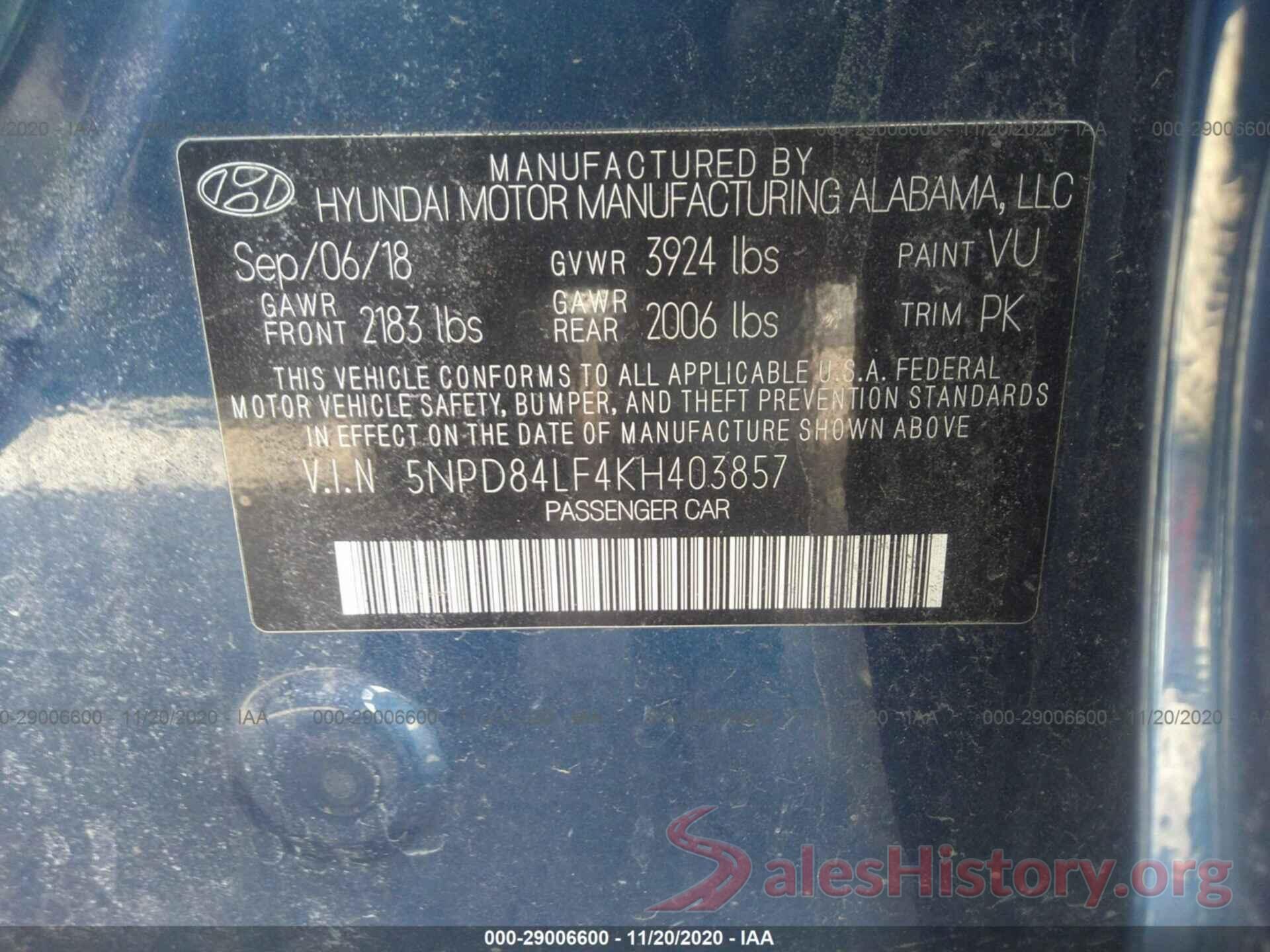 5NPD84LF4KH403857 2019 HYUNDAI ELANTRA