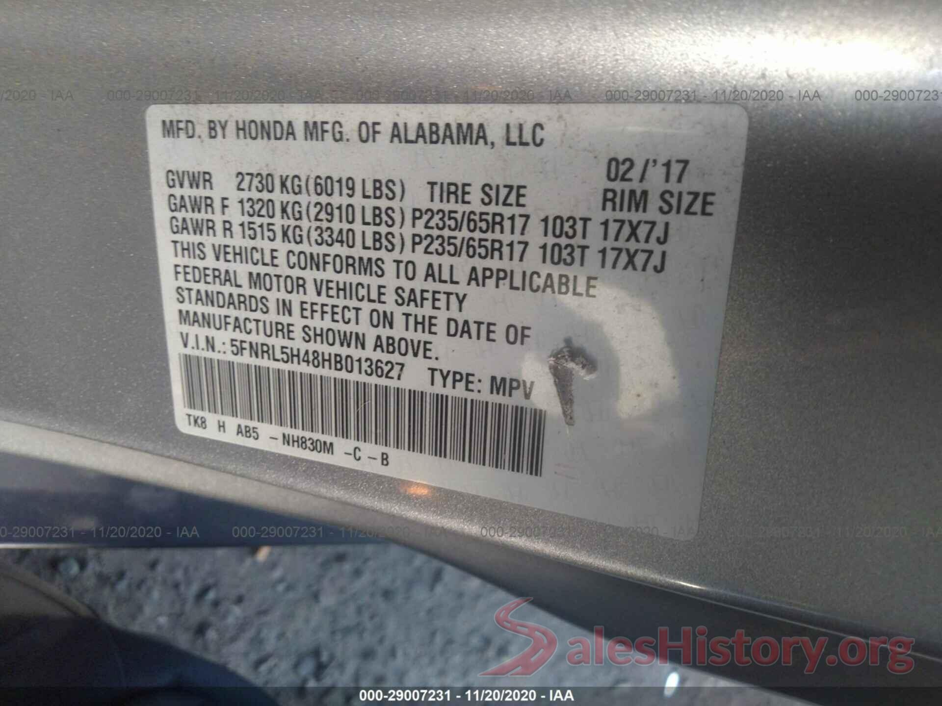 5FNRL5H48HB013627 2017 HONDA ODYSSEY