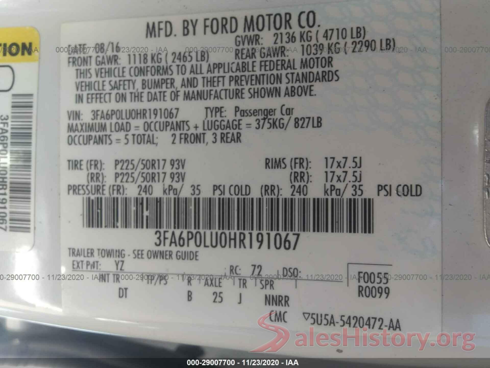 3FA6P0LU0HR191067 2017 FORD FUSION