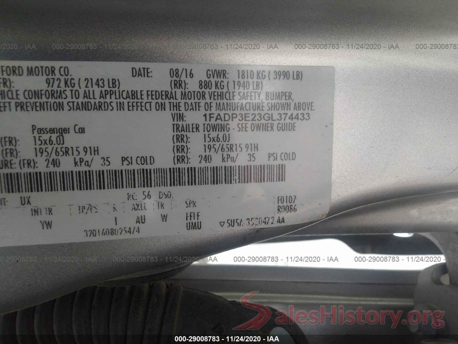 1FADP3E23GL374433 2016 FORD FOCUS