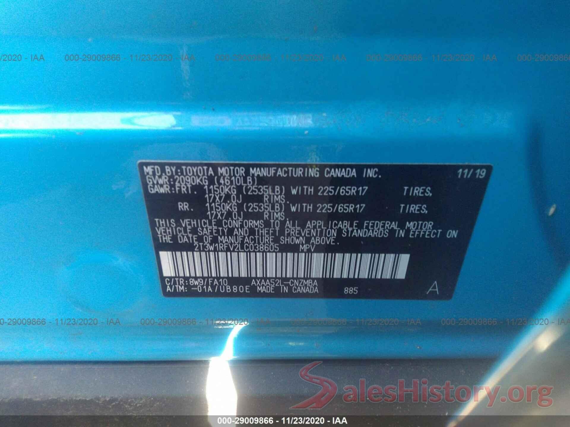 2T3W1RFV2LC038605 2020 TOYOTA RAV4