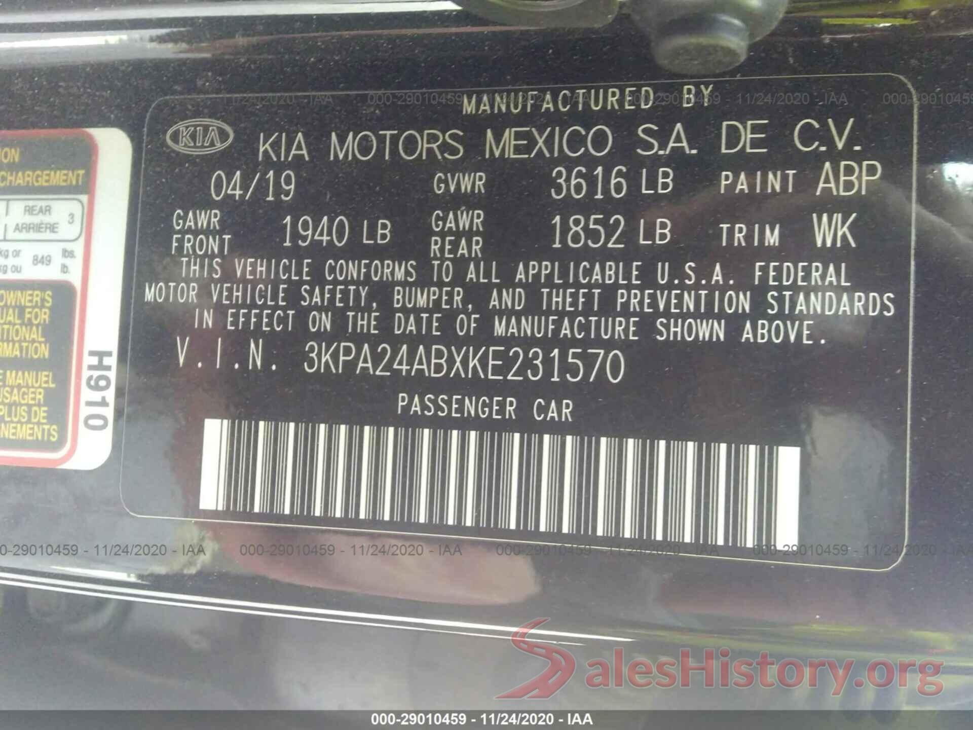 3KPA24ABXKE231570 2019 KIA RIO