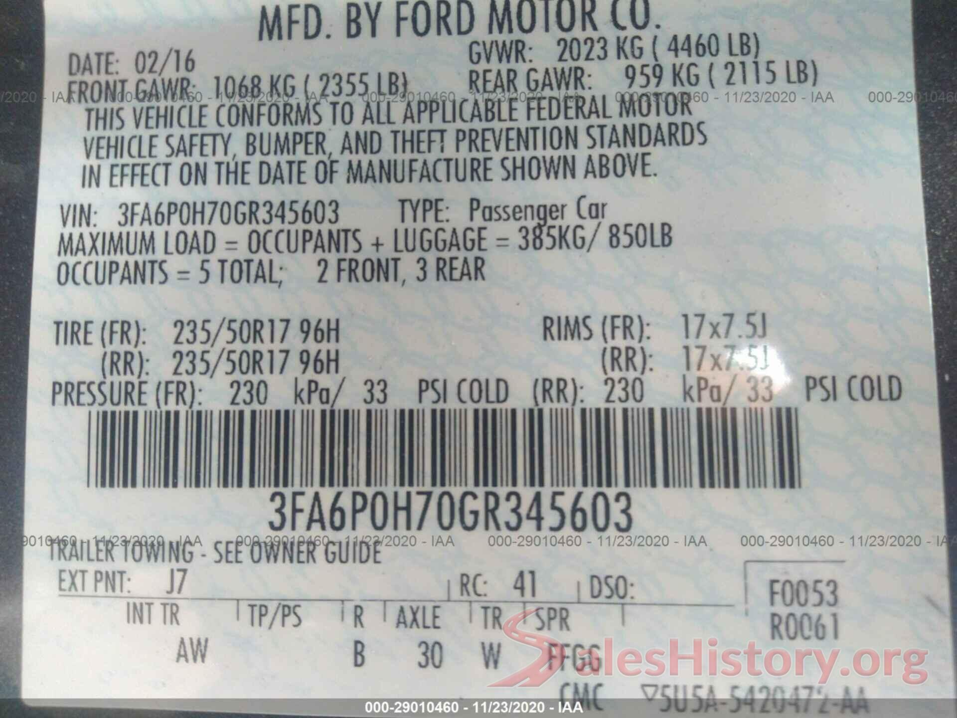 3FA6P0H70GR345603 2016 FORD FUSION