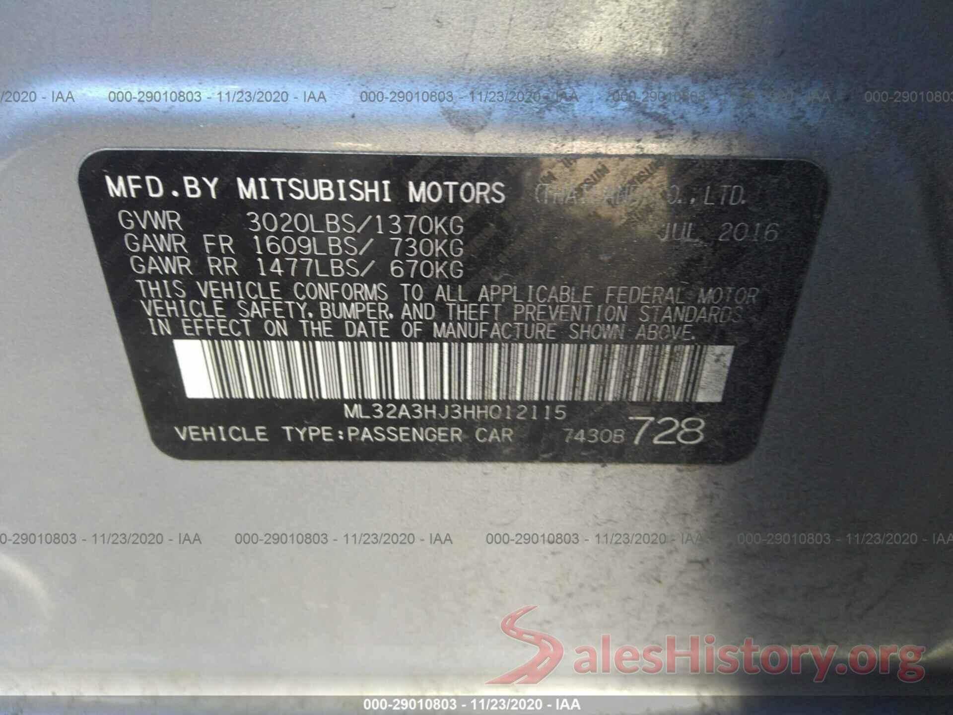 ML32A3HJ3HH012115 2017 MITSUBISHI MIRAGE