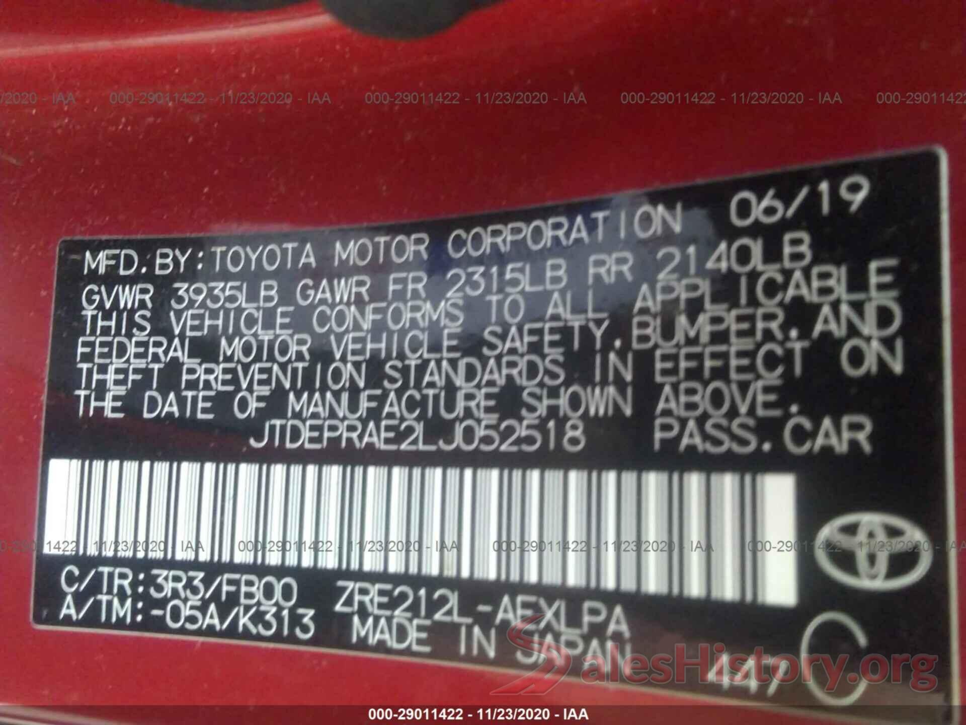 JTDEPRAE2LJ052518 2020 TOYOTA COROLLA