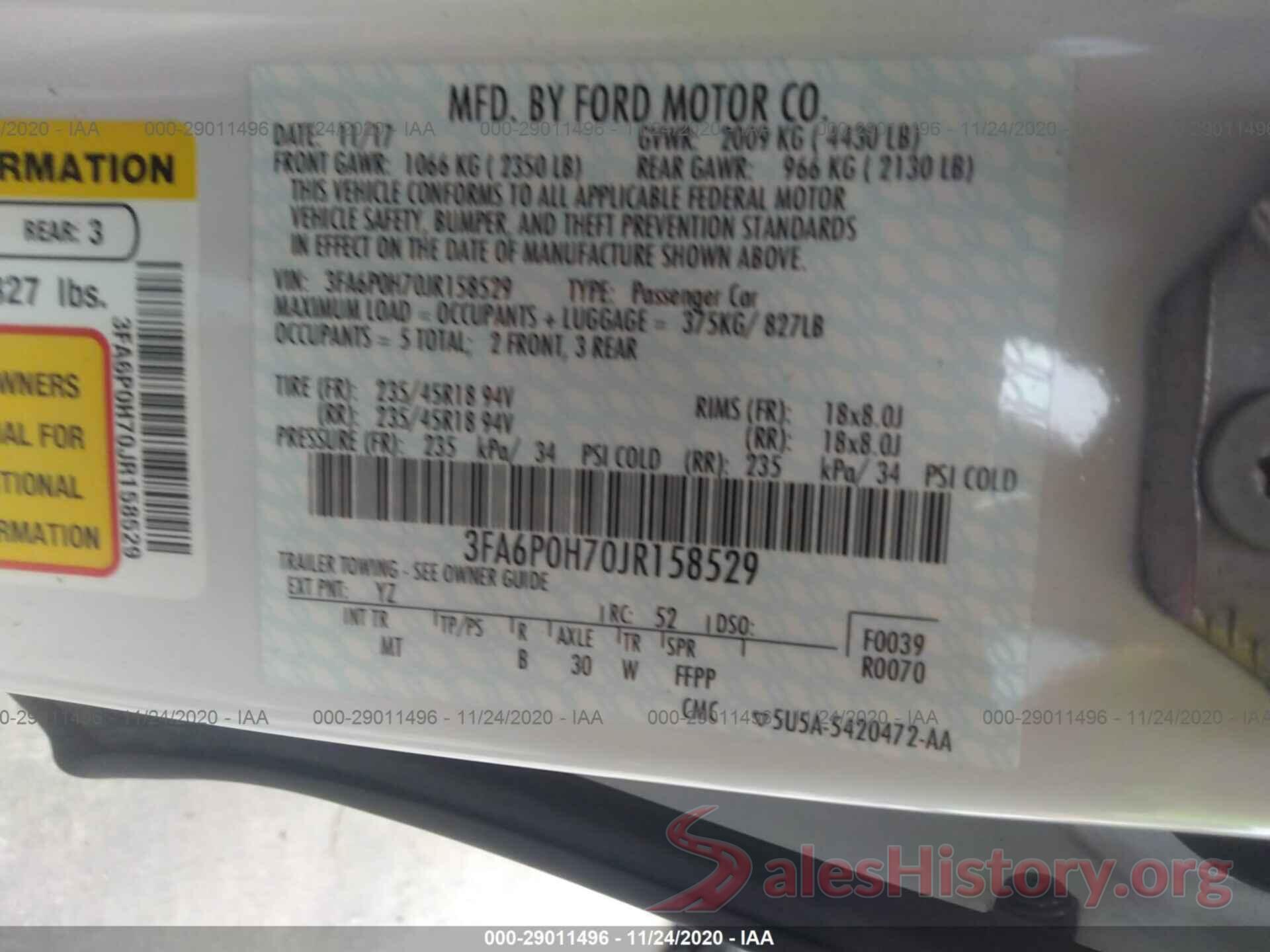 3FA6P0H70JR158529 2018 FORD FUSION