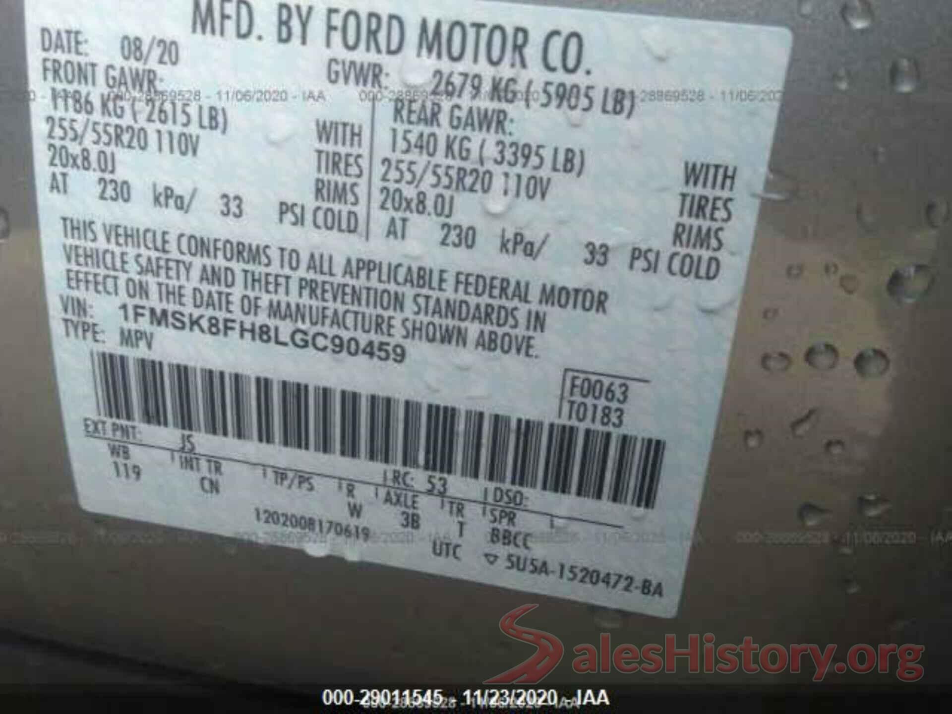 1FMSK8FH8LGC90459 2020 FORD EXPLORER