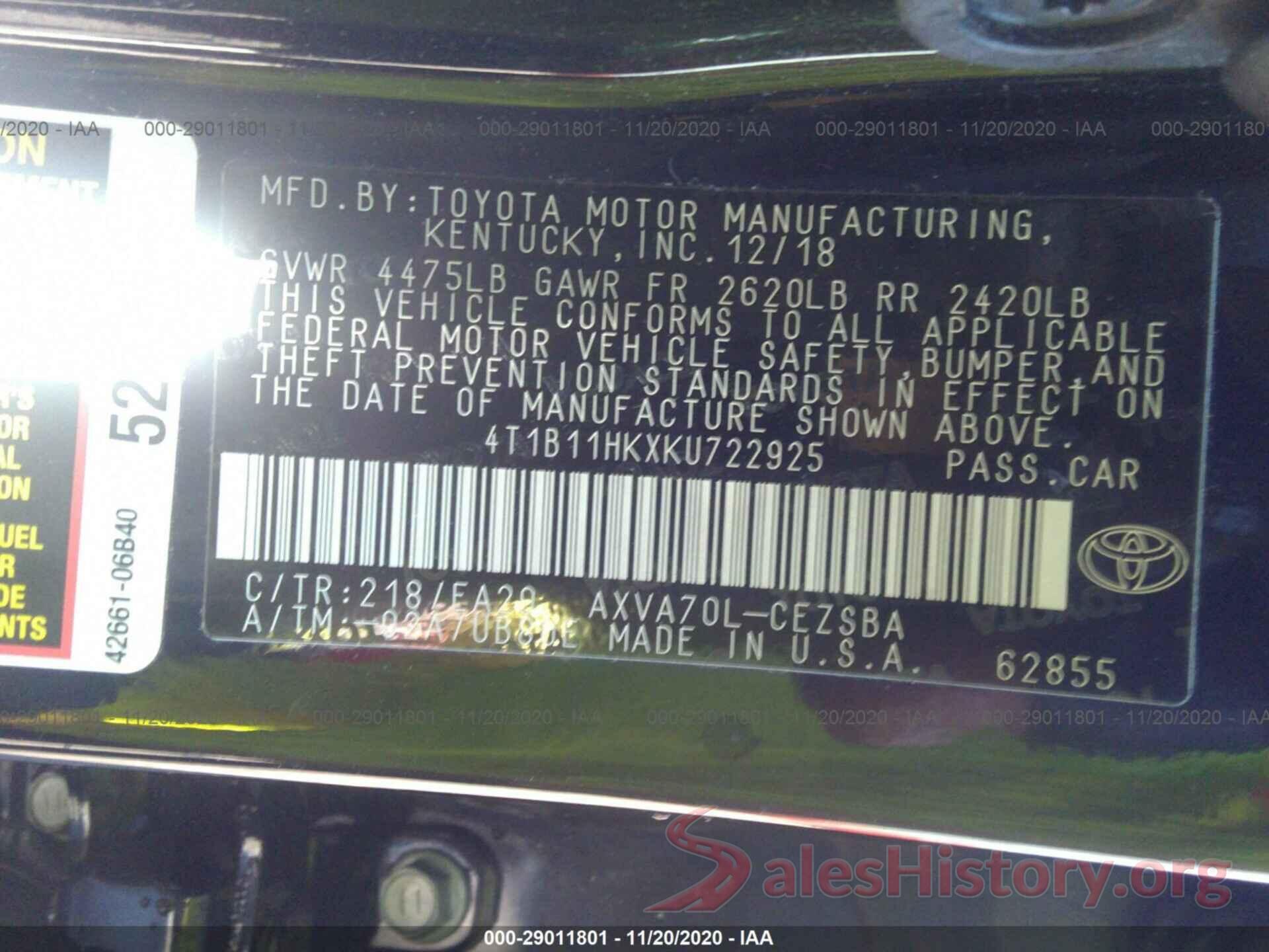 4T1B11HKXKU722925 2019 TOYOTA CAMRY