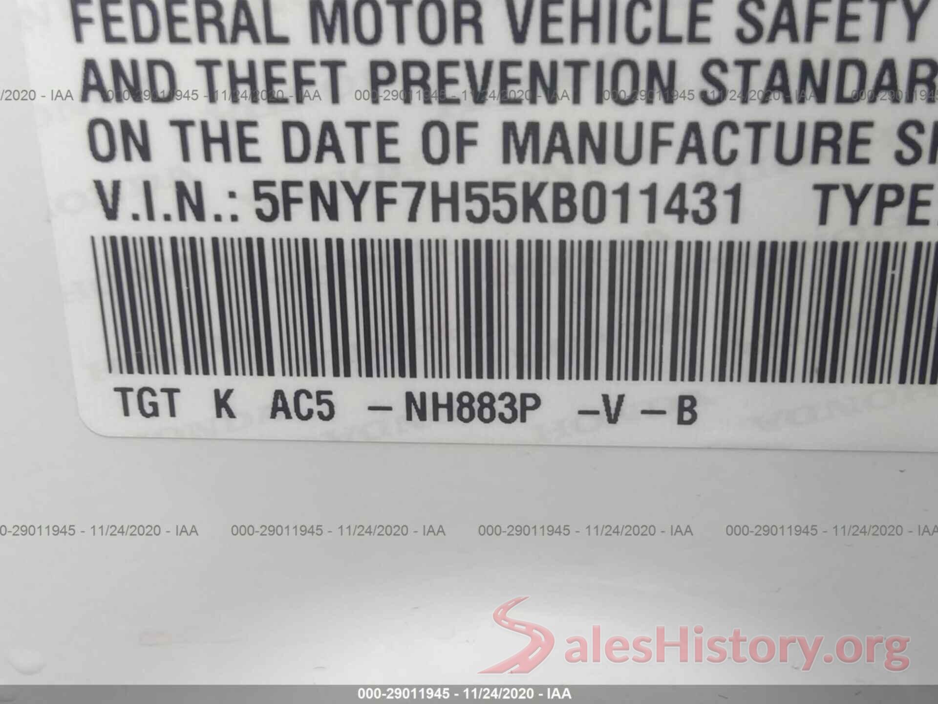 5FNYF7H55KB011431 2019 HONDA PASSPORT