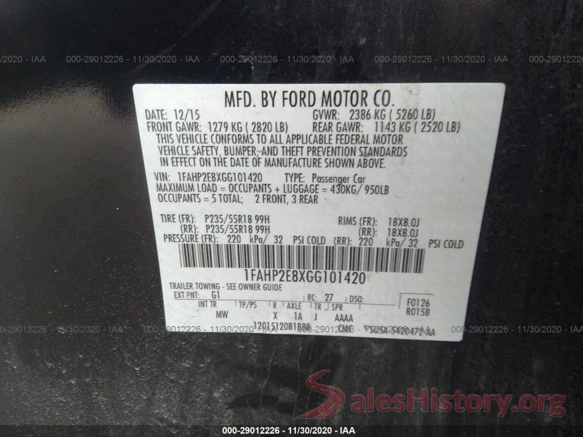 1FAHP2E8XGG101420 2016 FORD TAURUS