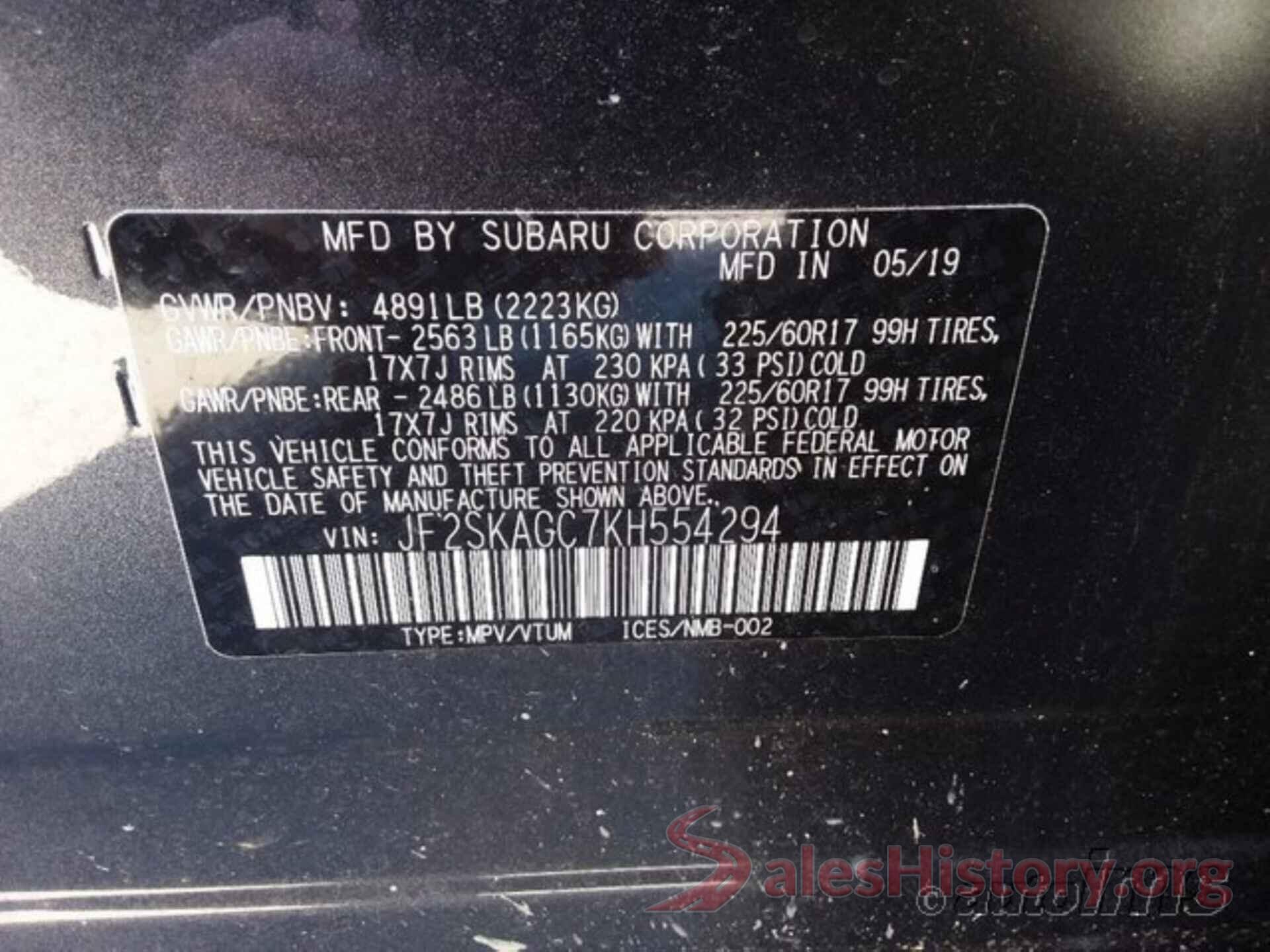 JF2SKAGC7KH554294 2019 SUBARU FORESTER