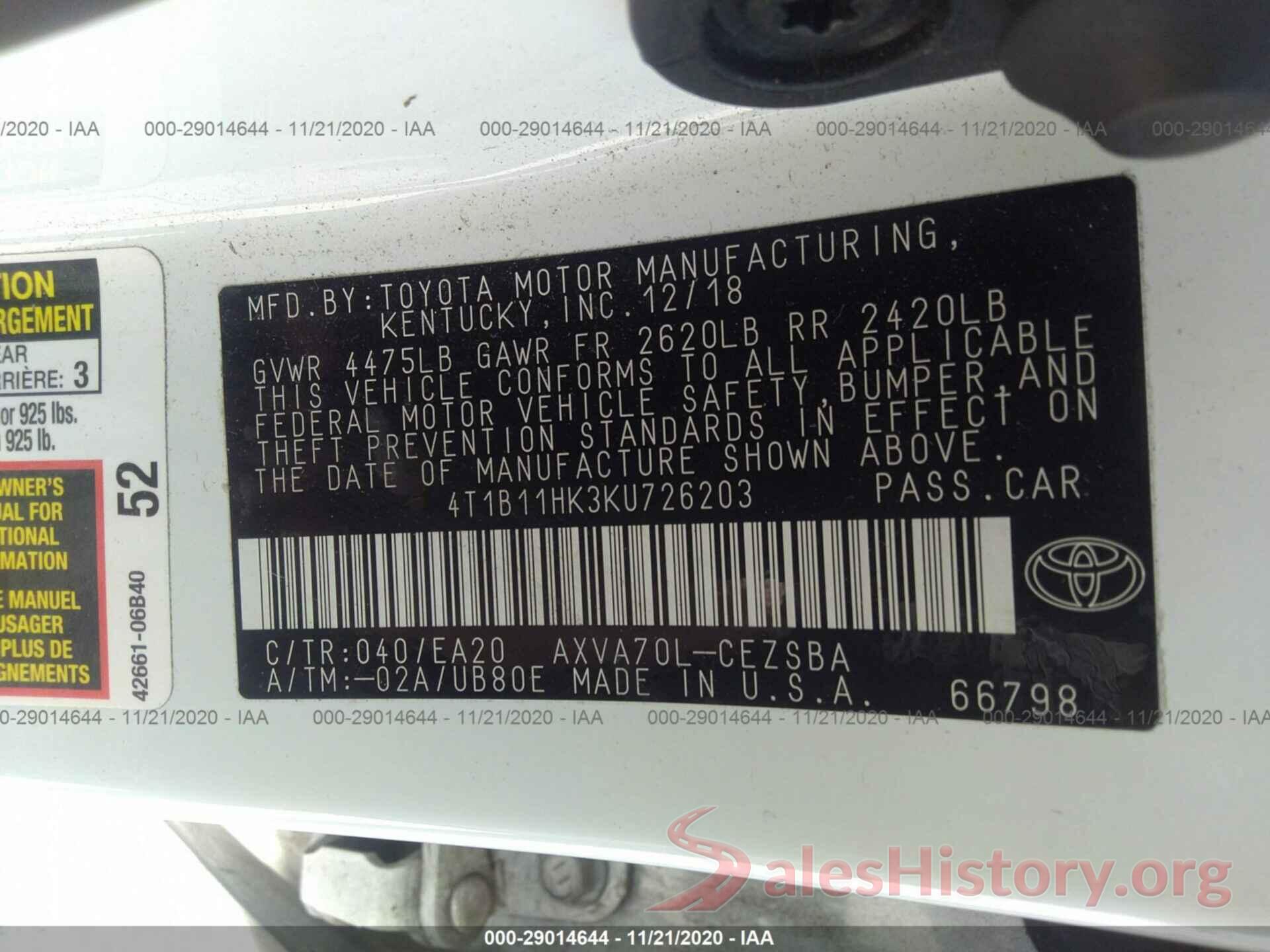 4T1B11HK3KU726203 2019 TOYOTA CAMRY