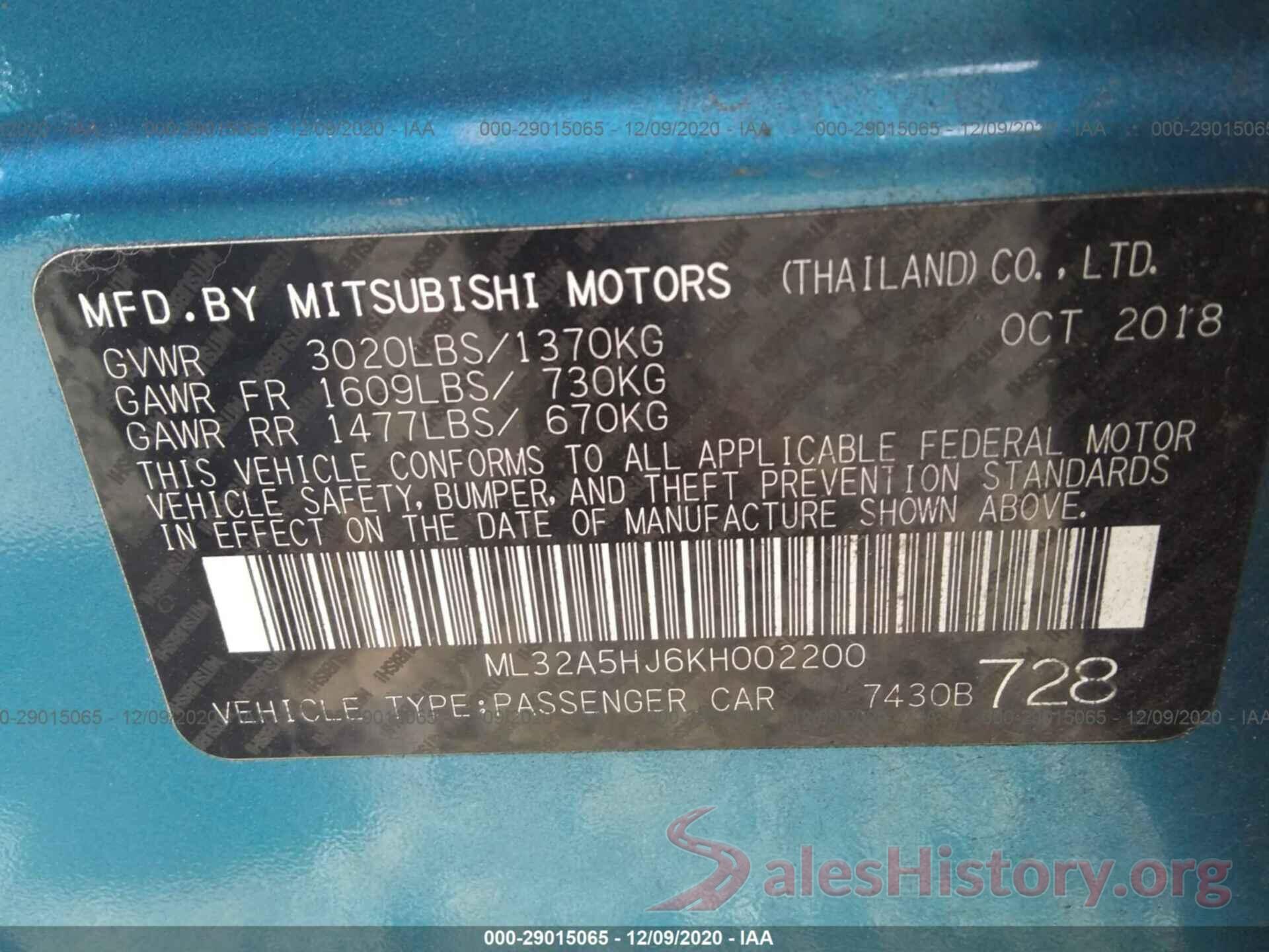 ML32A5HJ6KH002200 2019 MITSUBISHI MIRAGE