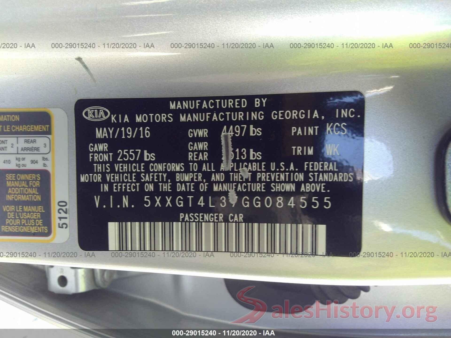 5XXGT4L37GG084555 2016 KIA OPTIMA