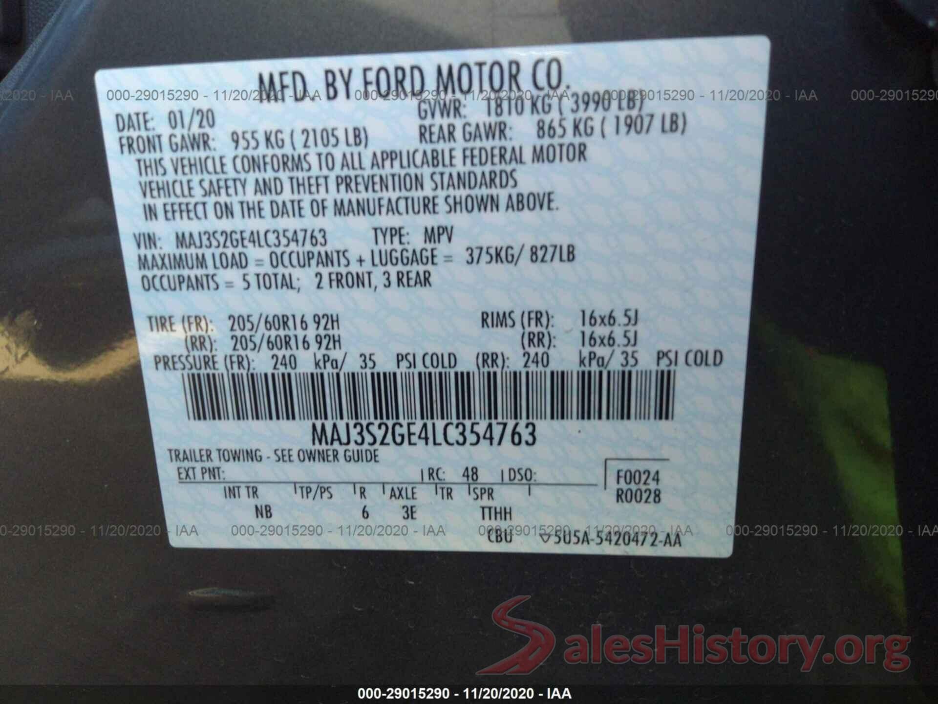 MAJ3S2GE4LC354763 2020 FORD ECOSPORT