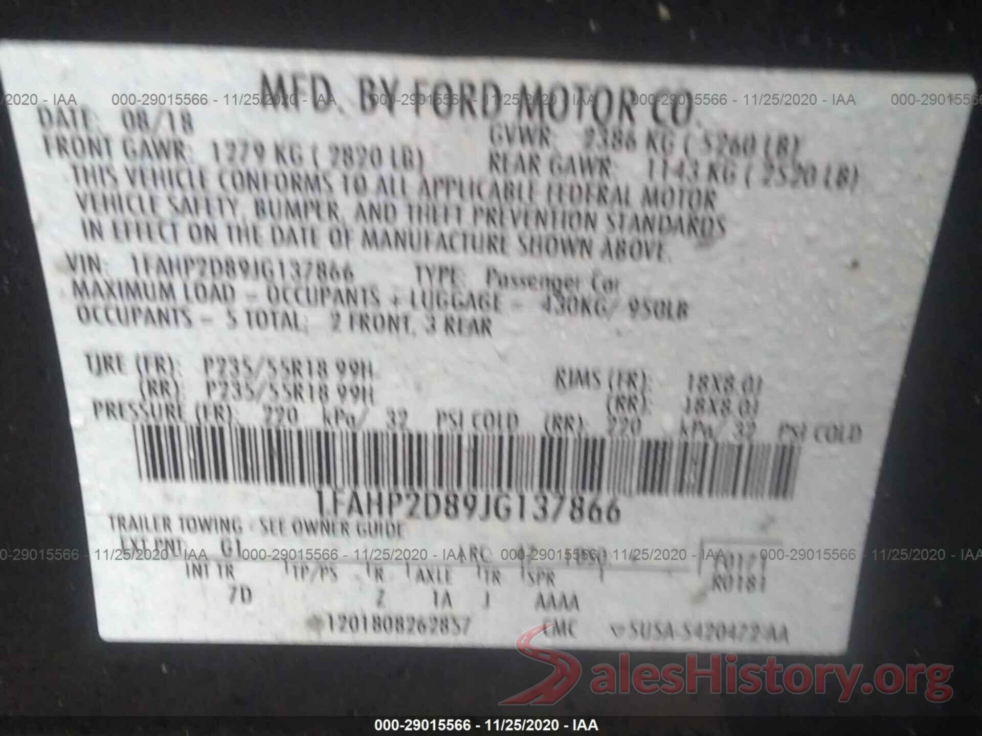 1FAHP2D89JG137866 2018 FORD TAURUS